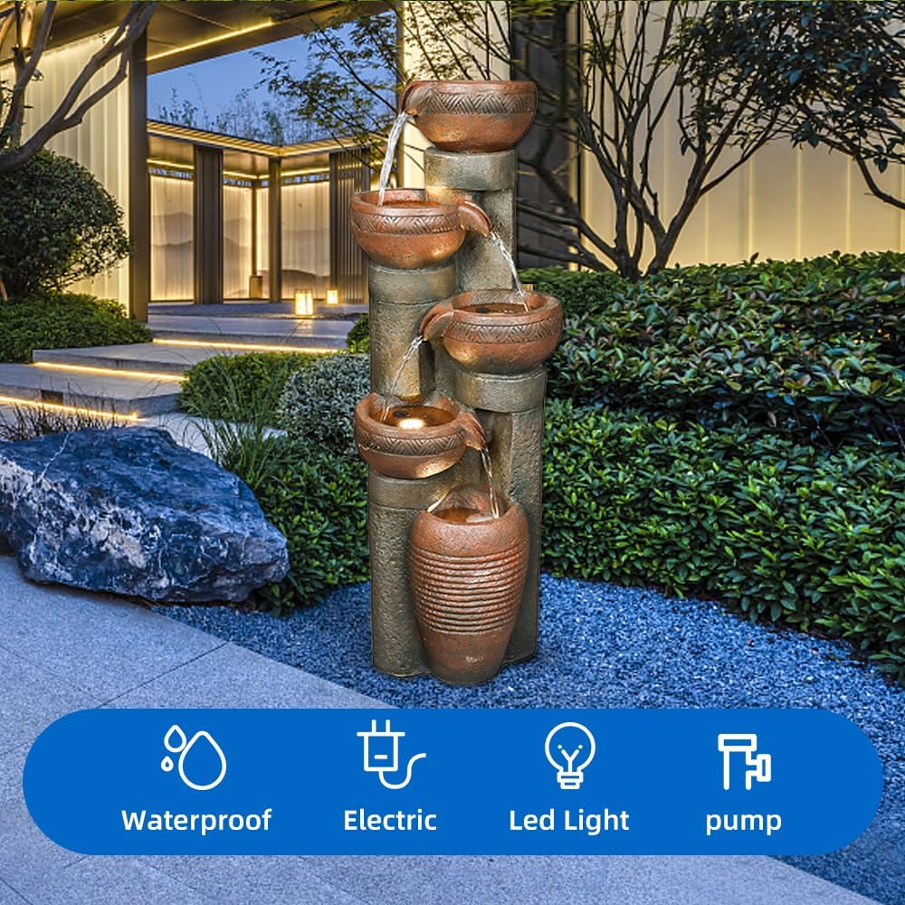 Hamiedun 5 -Tier Water Fountain Outdoor Decor, Large Waterfalls Fountains for Outsides with LED Lights, Indoor and Outdoor Fountain for Garden, Patio, Deck, Porch, Backyard and Home Art Decor