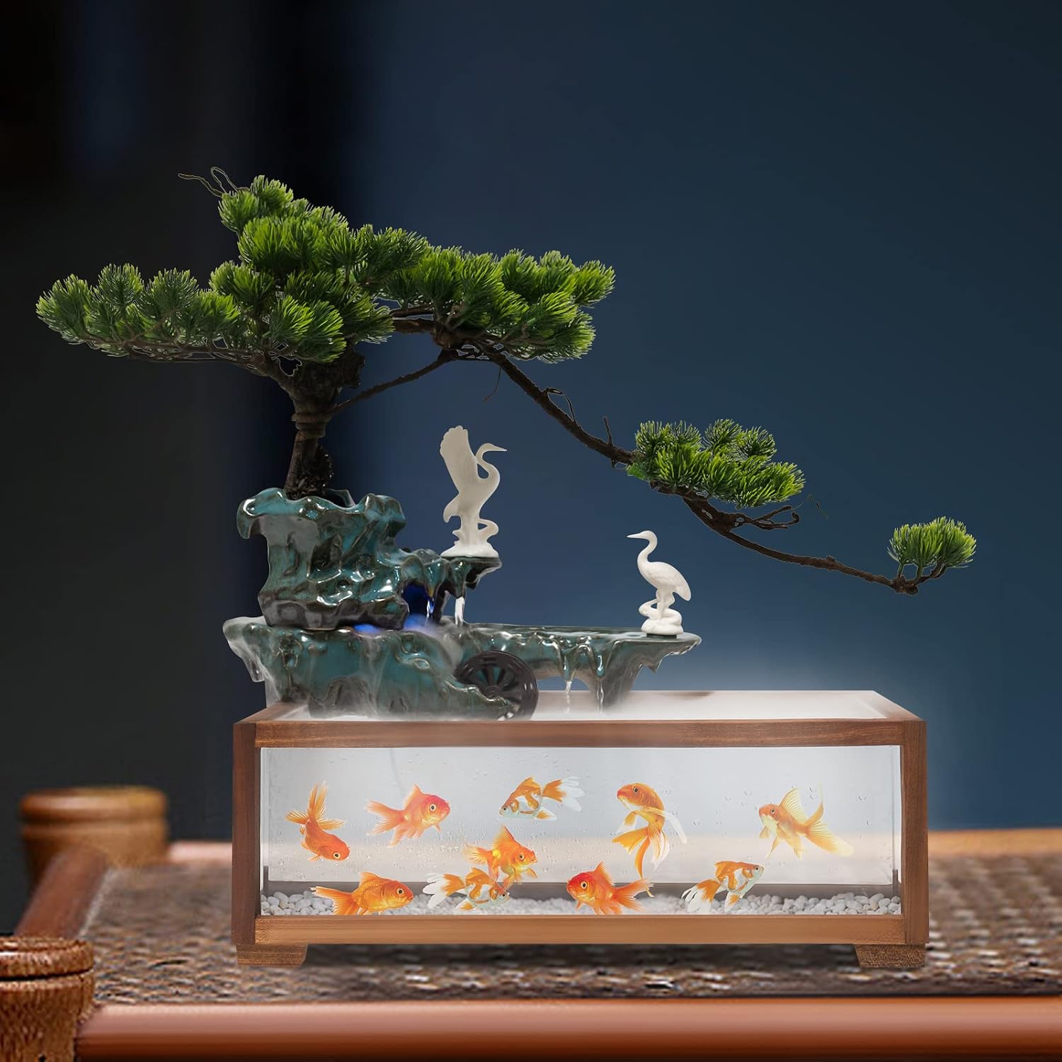 Tabletop Fountain with LED Light,Fish Tank,Artificial Landscape Tabletop Fountain with Pump|Atomizer,for Indoor Outdoor Decoration,Stress Relief,Meditation,Wealth Boom (Tree|Large Fish Tank)
