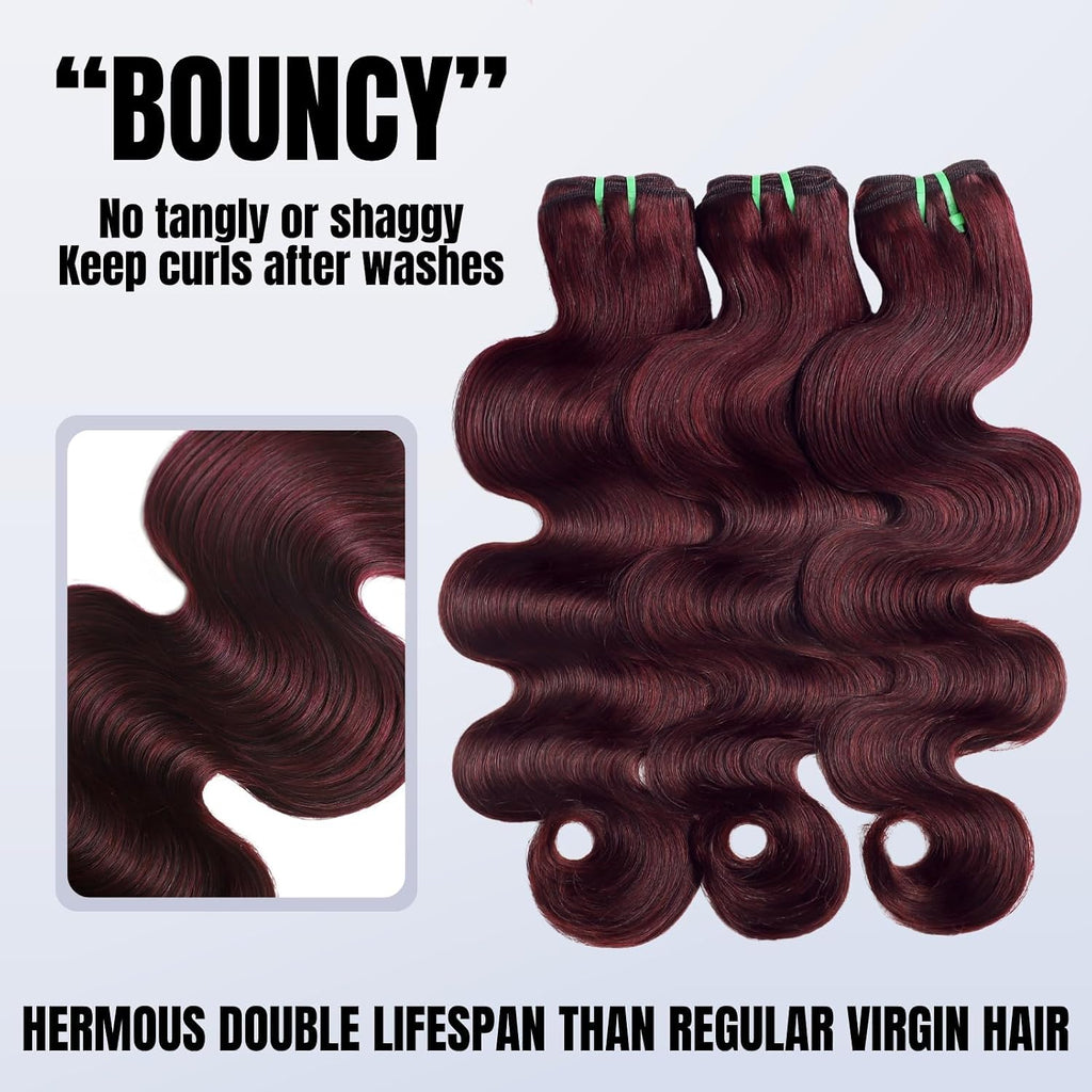 Double Drawn Dark Burgundy Human Hair Bundles with 4x4 Lace Closure, 13A 100% Raw Hair Body Wave #99J Wine Red Colored 3 Bundles with HD Transparent Lace Free Parting 10 12 14 + 10 Inch