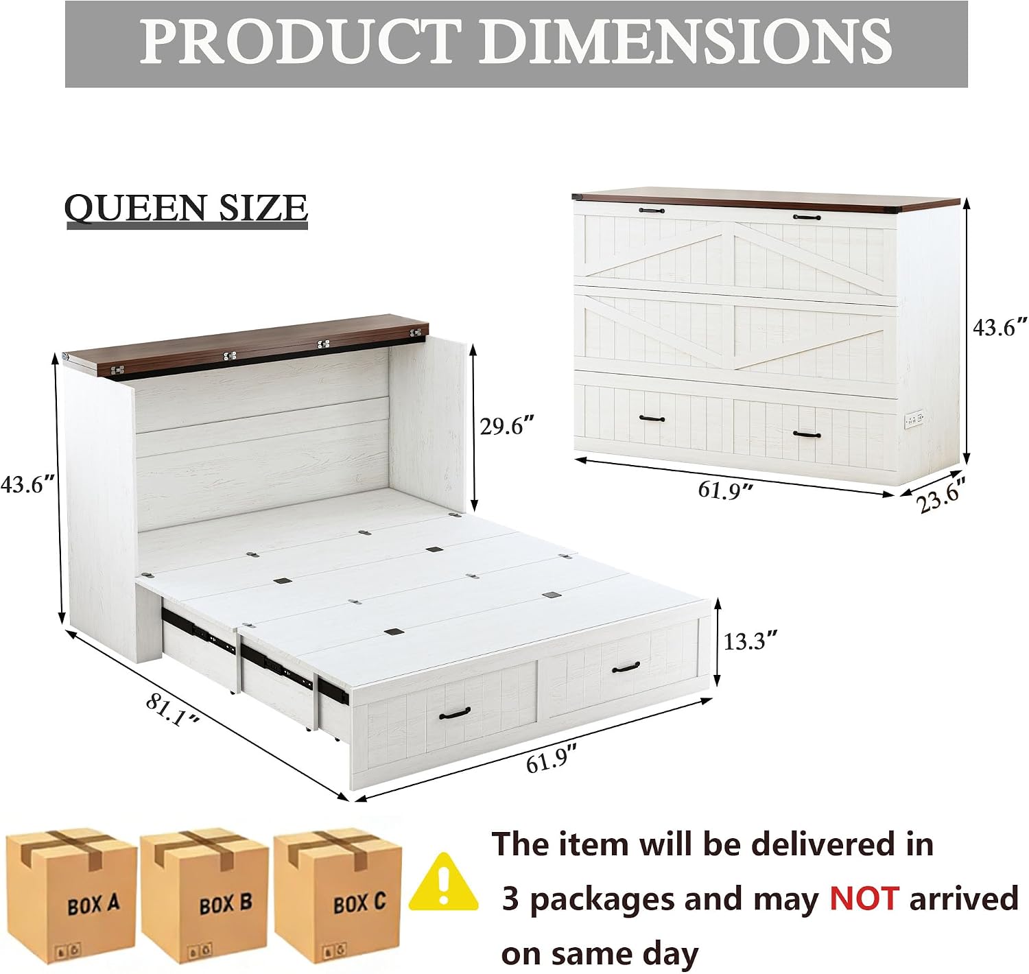 Queen Size Murphy Bed with Charging Station and Large Drawer, Farmhouse Cabinet Bed with Storage, Multifunctional Wood Hidden Folding Bed Frame for Bedroom, White