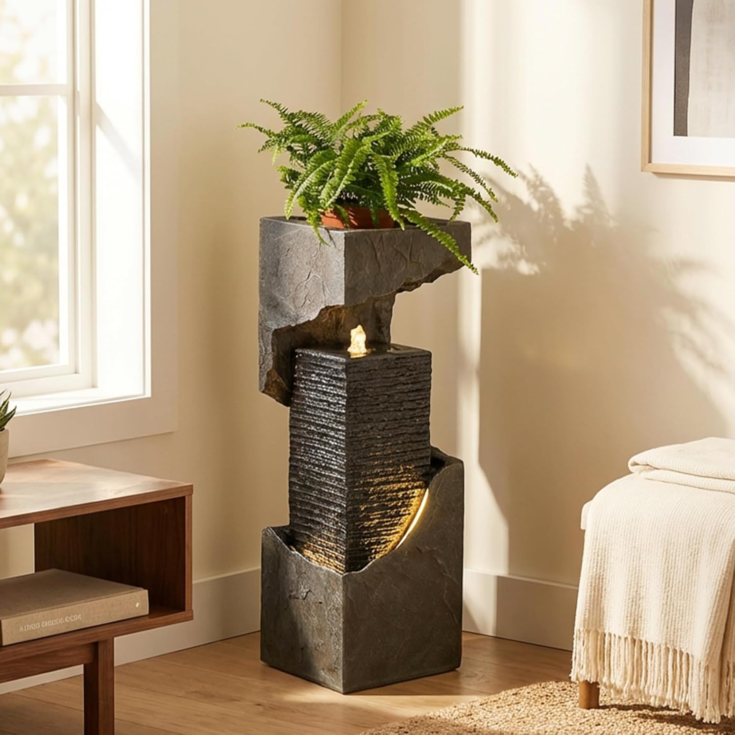 35.4' H Water Fall Fountains Indoor Waterfall Fountain Outdoor with LED Lights Floor-Standing for Outside Garden, Patio, Backyard, Deck Decor, Pool, Porch, Landscaping, Balconies