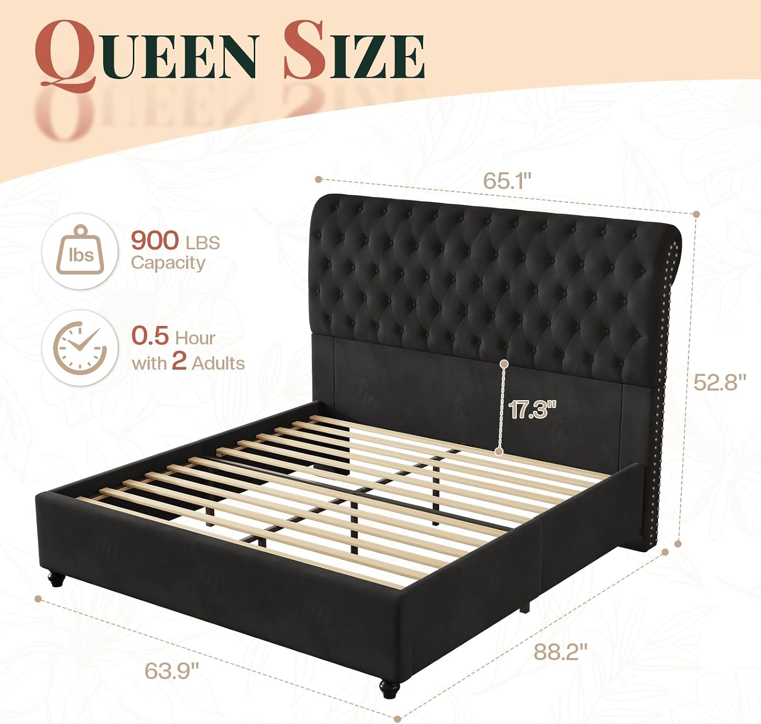 Jocisland Queen Bed Frame with 53' Tall Headboard, Velvet Upholstered Platform Sleigh Bed with Button Tufted, Solid Wood Legs, No Box Spring Needed, Easy Assembly, Black