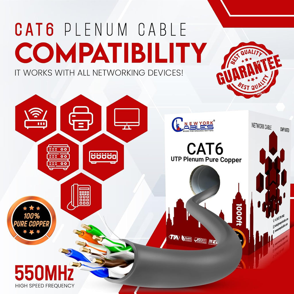 NewYork Cables CAT6 Plenum Cable 1000ft | 100% Solid Bare Copper, UTP, 550MHz, 23AWG, 4Pair 10GB Ethernet Cable, Certified CMP-Rated Bulk Cat 6 Cable for Networking & Gaming (1000ft, Pure Copper,Grey)
