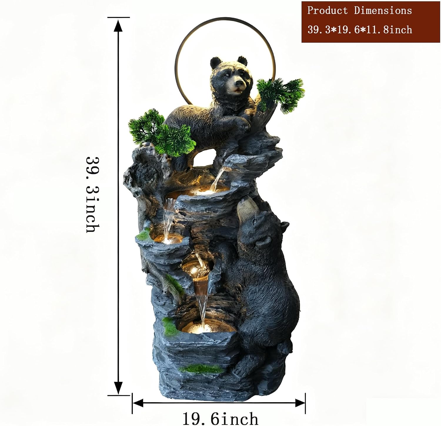 39.3' H Bear Outdoor Fountain with LED Lights and Five Tiered Waterfall Water Features,Suitable for Courtyard,Gardenand Indoor Decoration