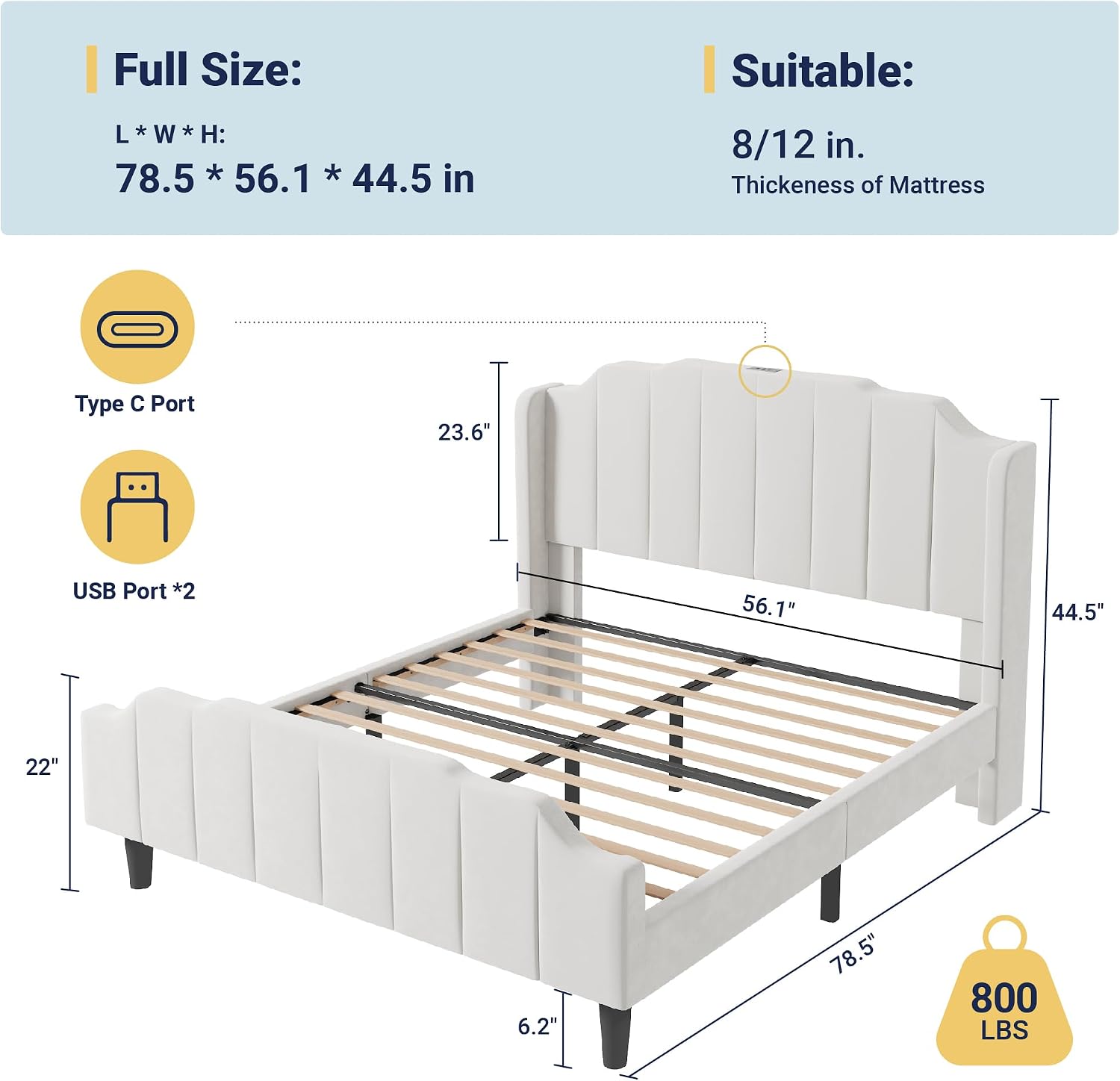 Allewie Vintage Full Size Velvet Platform Bed Frame with Curved Vertical Tufted Wingback Headboard and Footboard, Charging Station, Easy Assembly, Under Bed Storage, No Box Spring Required, White