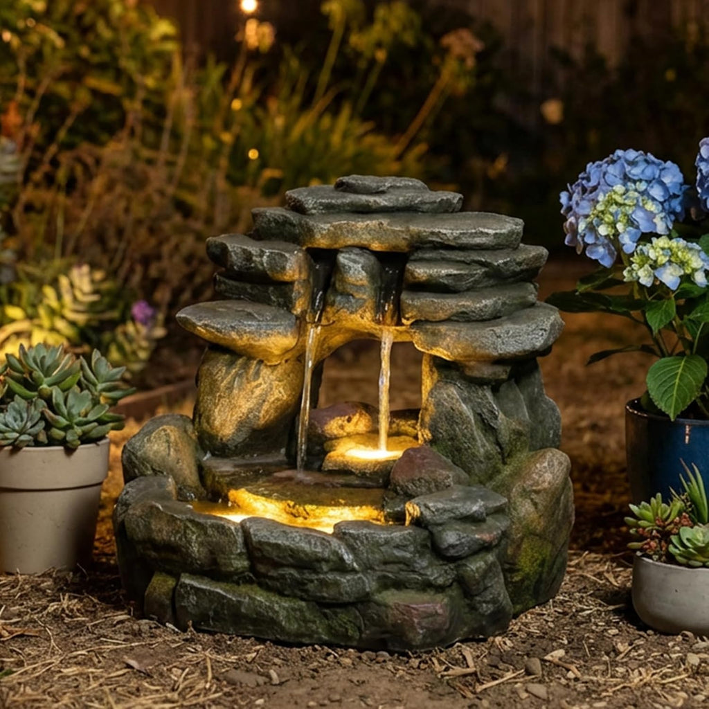 Bumilgar 15.6' H Small Garden Outdoor Rock Water Fountain with LED Lights, 3-Tier Cascading Waterfall Fountain for Patio, Porch, Backyard & Indoor Home Decor