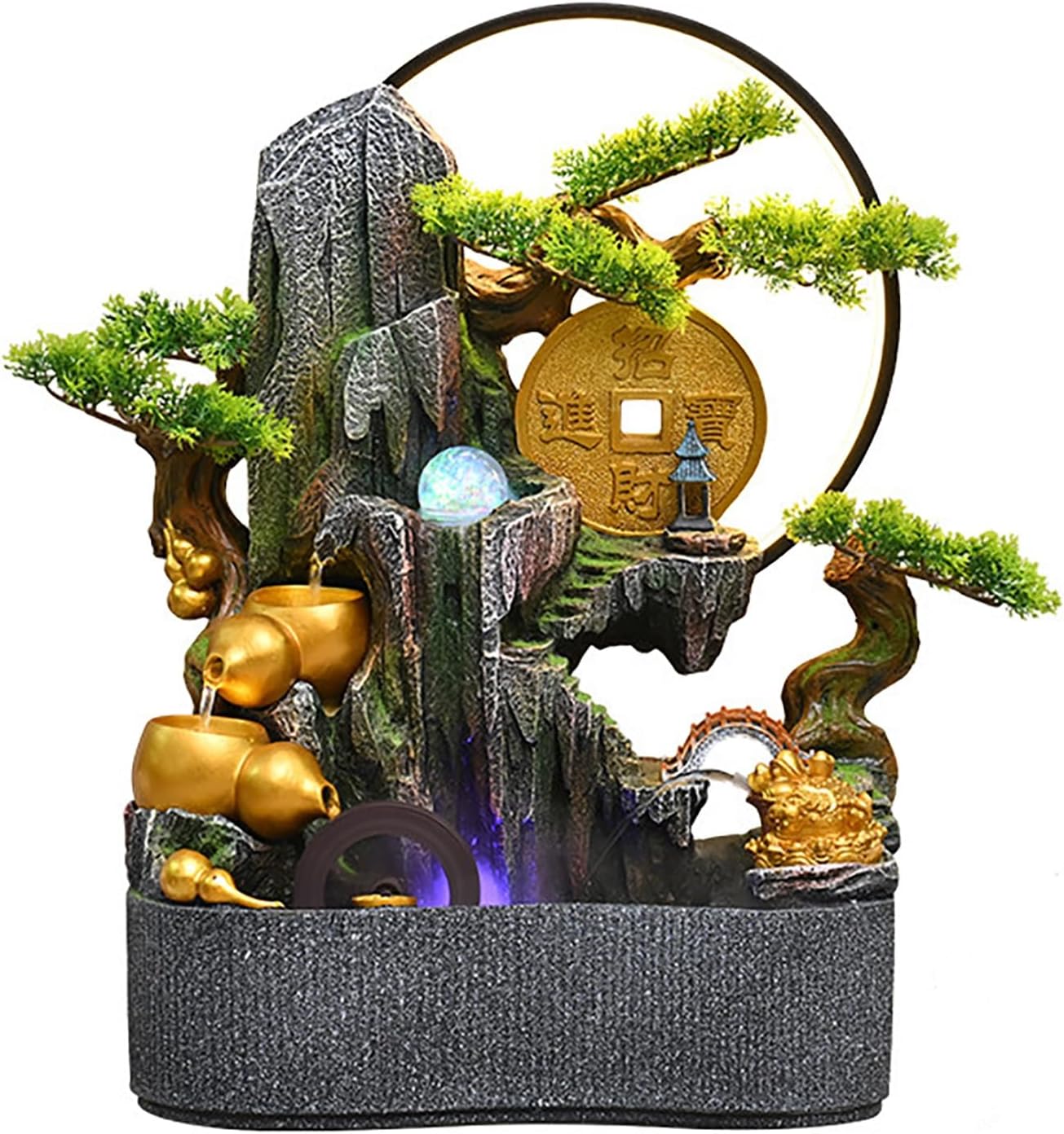 Tabletop Water Fountain, Indoor Bonsai Waterfall with LED Light, Resin Desk for Living Room, Office, Bedroom, Study(C)