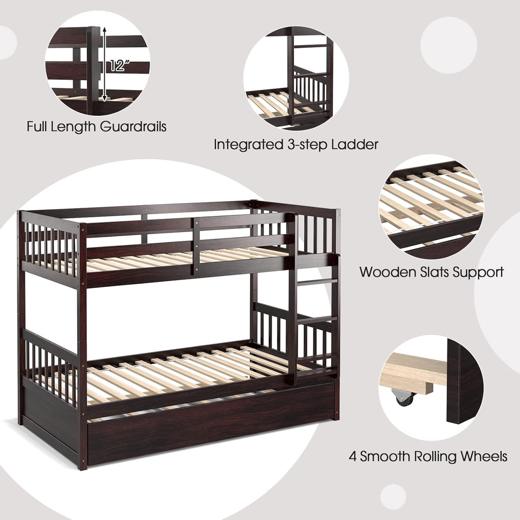 KOMFOTT Wood Twin Over Twin Bunk Bed with Trundle, Solid Pine Wood Bunk Bed Frame with Ladder & Safety Guardrails, Space-Saving Convertible Twin Bed Frame for Home & Dormitory, No Box Spring Needed