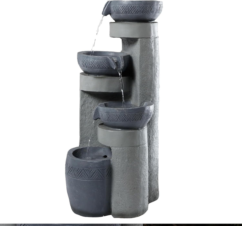 31.5' Tall Outdoor Water Fountain, 4 Tier Cascading Bowls and Stacked Water Fountain with LED Lights, for Yard Décor, Backyard, Patio and Deck (31.5'')