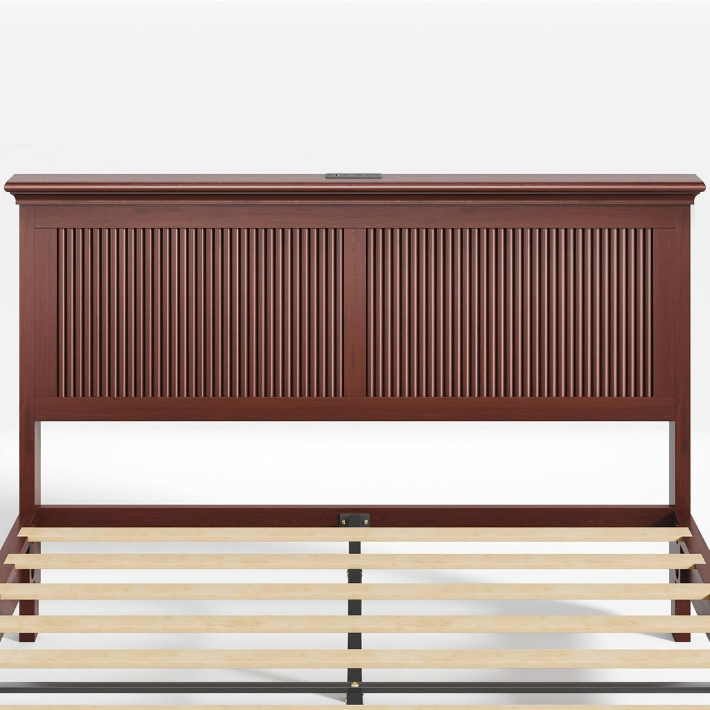 Lifezone Queen Bed Frame with Headboard, Solid Wood Bed Frame Queen Size with Charging Station & RGB LED, Wood Slats Support, Noise-Free, Sturdy Structure, Easy Assembly, Mahogany