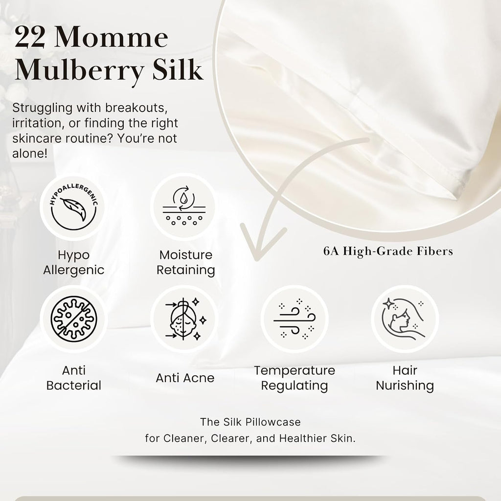Sillo Silk Pillow Cases 2 Pack - 22 Momme Mulberry Silk Pillowcases for Hair and Skin, Anti Acne Pillow Case, Hypoallergenic Silver-Infused, Envelope Closure, King (Ivory White)