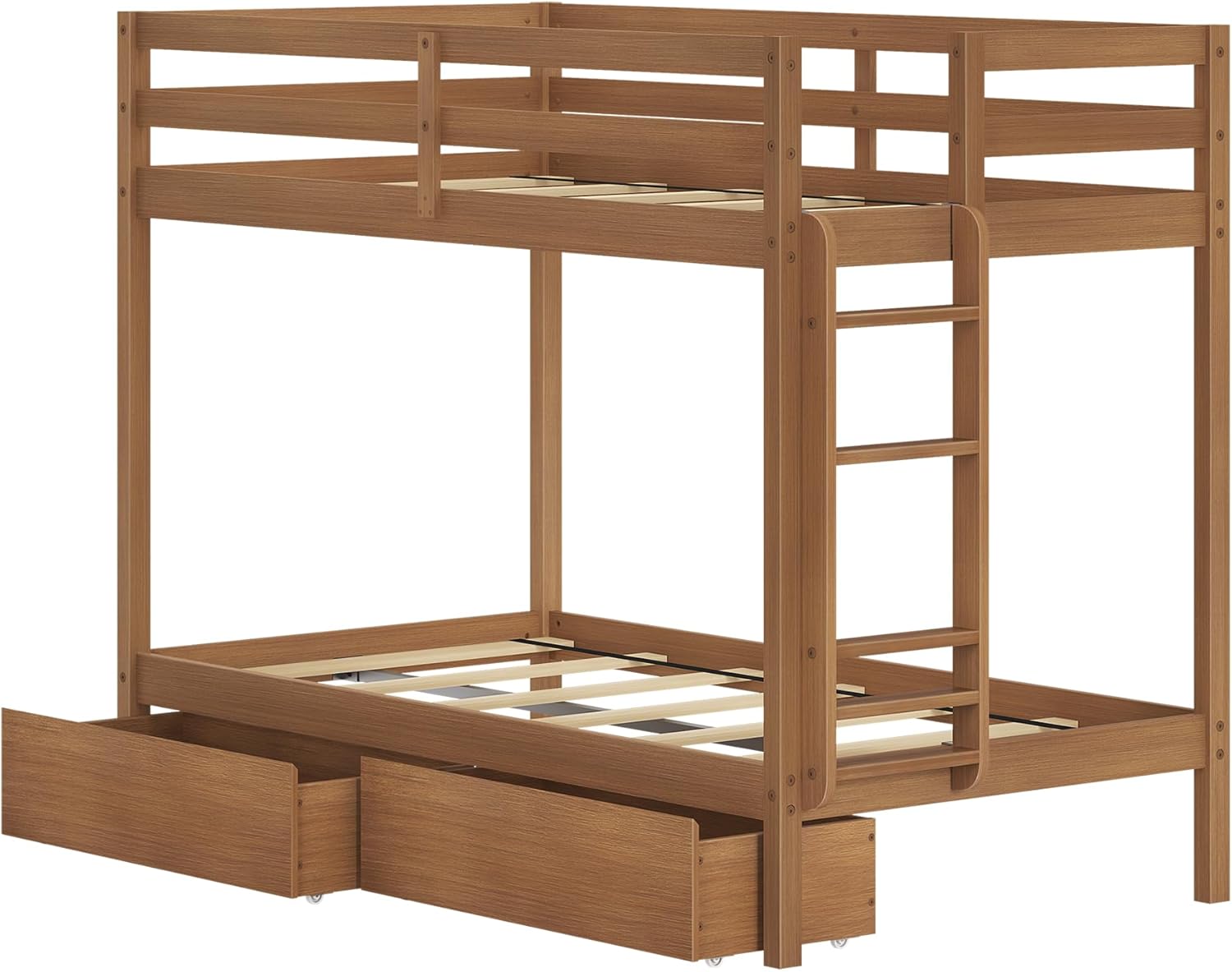 Grain & Grove Bear Twin Over Twin Bunk Bed with Storage Drawers, Sturdy Bunk Bed Frame for Kids, Plywood Bunk with Ladder, Guardrail, and Slats, No Box Spring Required, Oak Embossed Pecan