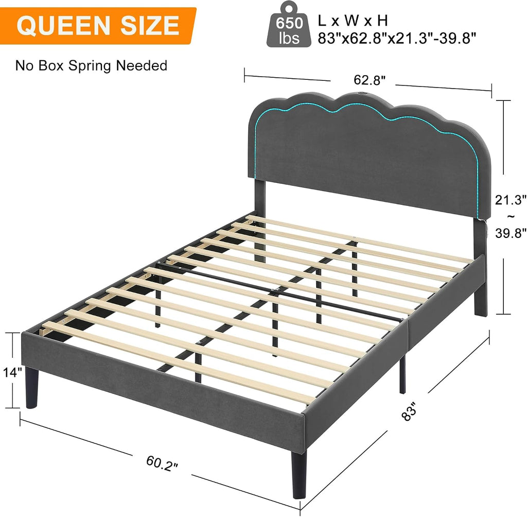 VECELO Upholstered Queen Size Bed Frame with Headboard Adjustable, LED Lights, USB-A & Type-C, Velvet Platform Bed Noise Free, Mattress Foundation with Wooden Slats, No Box Spring Needed, Dark Grey