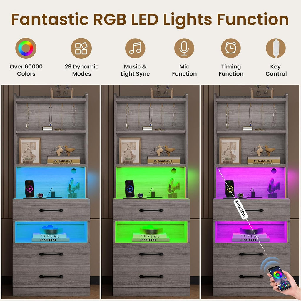 VIAGDO Tall Nightstand Set of 2 with Charging Station and LED Lights, Grey Night Stand Set 2 with Bookshelf, Modern LED Bedside Tables with 3 Drawers and Storage Shelves, Side Tables for Bedrooms