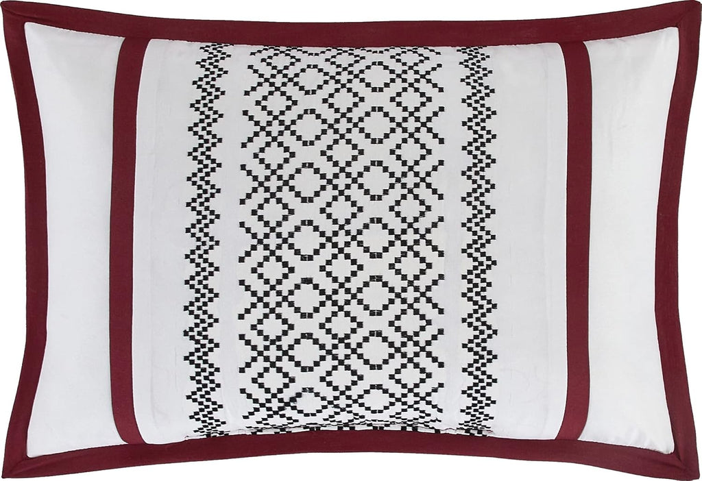 Grand Avenue White Red Comforter Set Queen Size, 7 Piece Terry Embroidery All Season Bedding Set, Bedskirt, Pillows & Shams