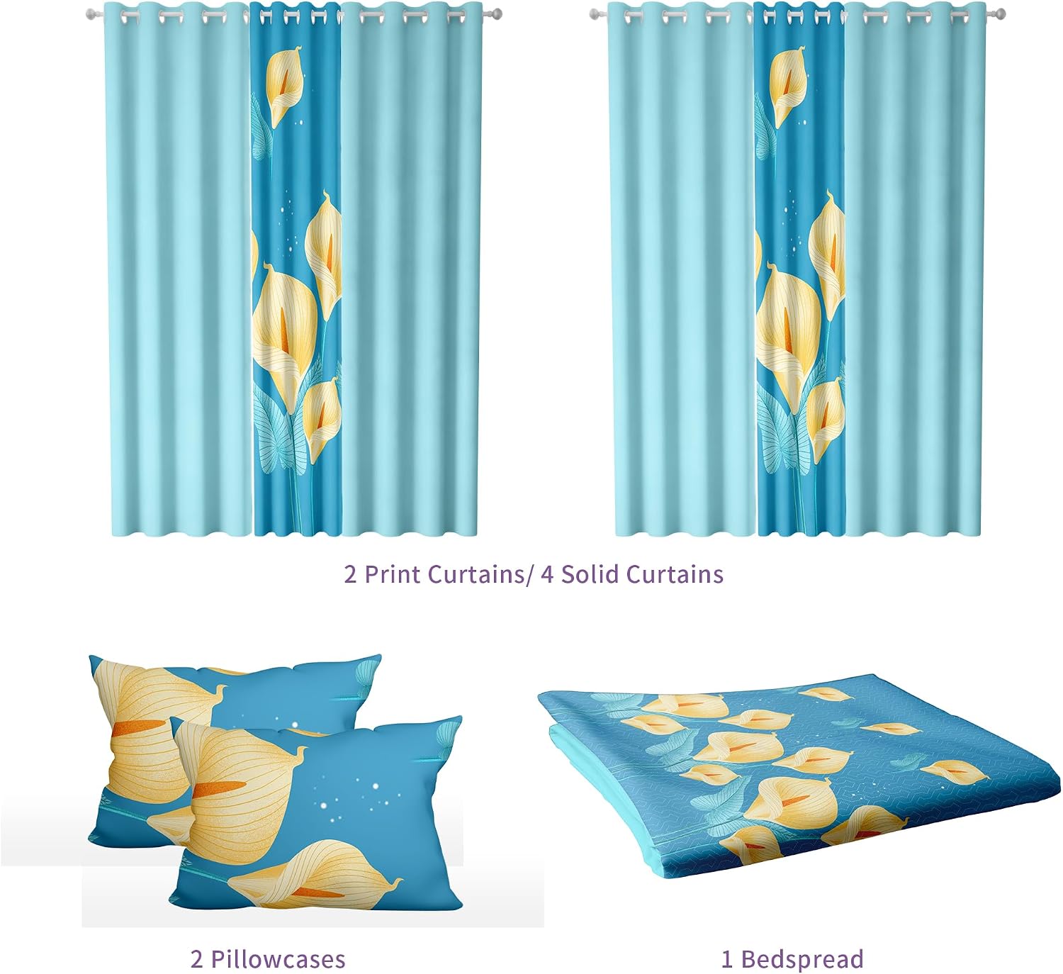 Deepsleep California King Bedspread Set 9 Pieces, All Season Luxury Bed in a Bag for Bedroom, with 2 Pillowcases and 6 Curtains, Ultra-Soft Microfiber for Complete Bedroom Decor, Yellow Calla Lily