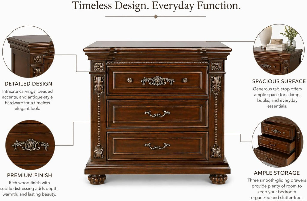 First of a Kind Nightstand Traditional Wood Bedside Table Cherry Oak Finish Classic European Design Bedroom Nightstand Elegant Coordinated Furniture Piece for Traditional Interiors