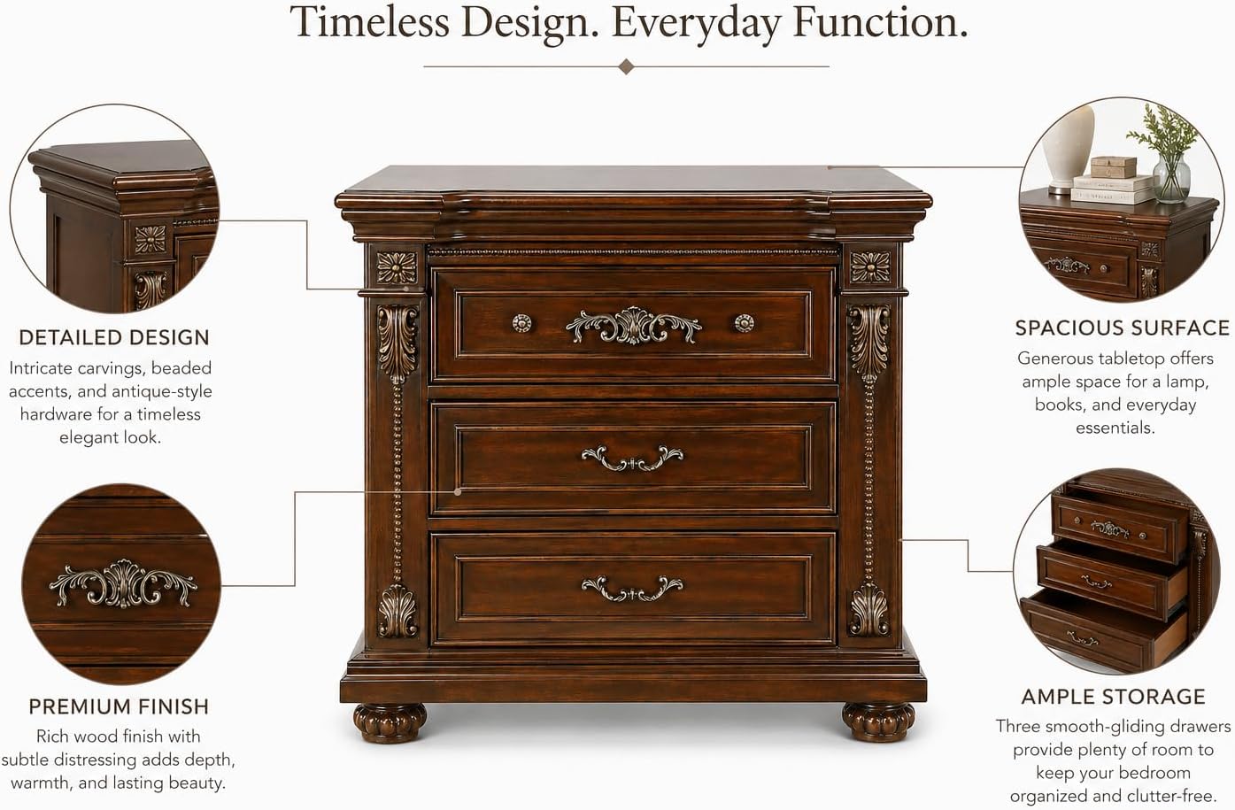 First of a Kind Nightstand Traditional Wood Bedside Table Cherry Oak Finish Classic European Design Bedroom Nightstand Elegant Coordinated Furniture Piece for Traditional Interiors