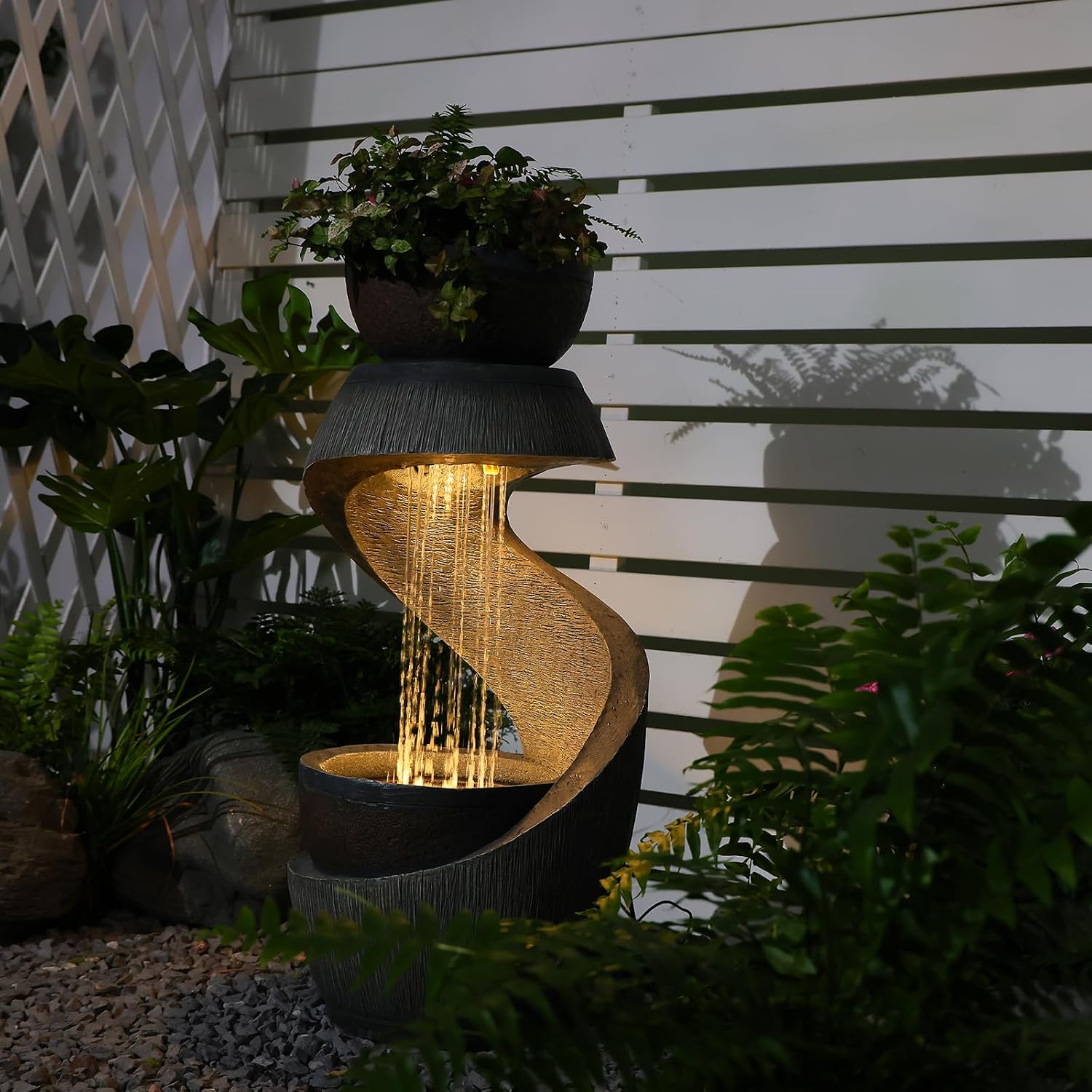 31.9' S-Shaped Outdoor Water Fountain with Lights – Resin Waterfall Fountain Outdoor with Planter Bowl, Modern Grey Garden Water Feature for Patio, Balcony, Yard, Home Decor
