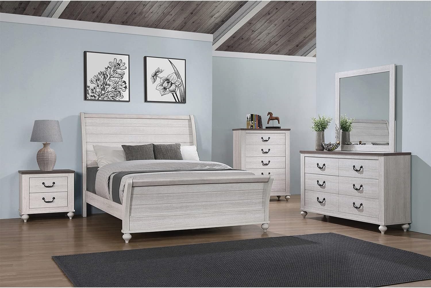 Coaster Home Furnishings Stillwood Farmhouse 5-Piece Bedroom Set Queen Size Sleigh Bed Frame 55-inch Headboard Vintage Linen 223281Q-S5