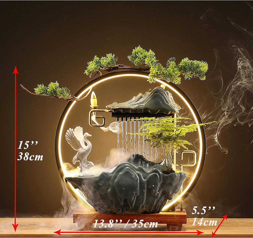 Crane Tabletop Water Fountains Indoor Waterfall with LED Light Mist Desk Fountain for Feng Shui Wealth Boom with Mist and Backflow Incense Holder for Meditation Planting