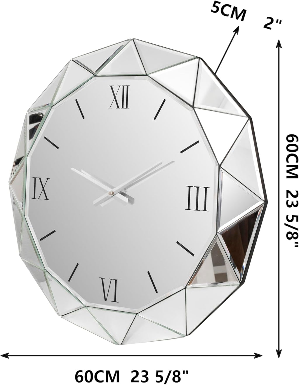 SHYFOY Decorative Wall Clock, 24 inch Mirrored Large Clock for Wall Decorative, Silver Modern Clock Silent Movement Glass Clocks for Living Room Decor