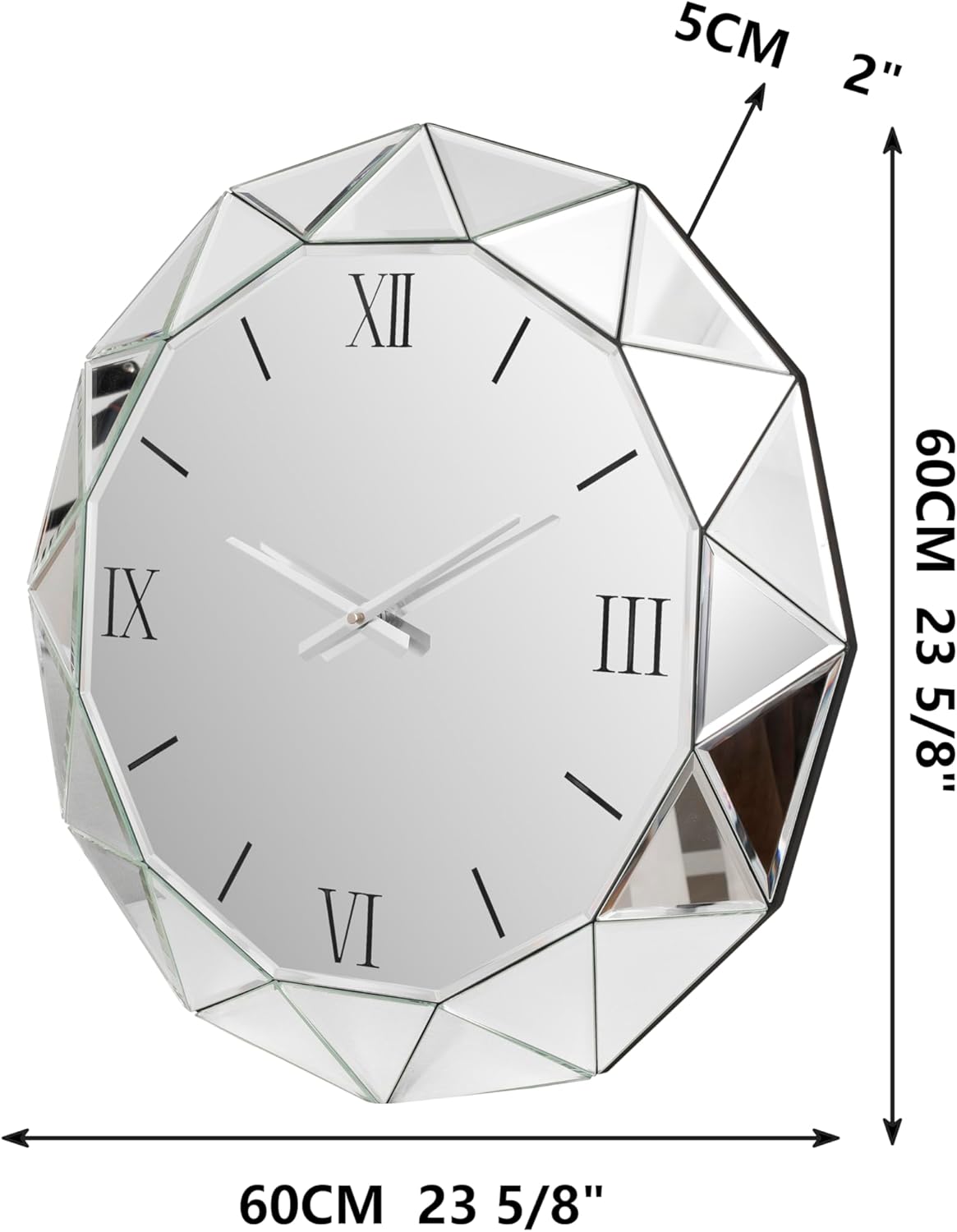 SHYFOY Decorative Wall Clock, 24 inch Mirrored Large Clock for Wall Decorative, Silver Modern Clock Silent Movement Glass Clocks for Living Room Decor