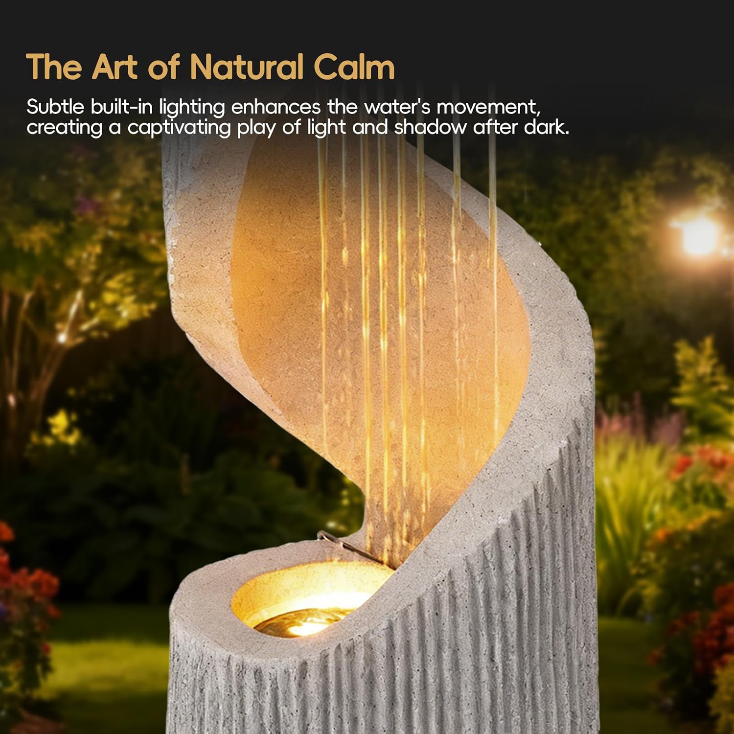 40' Outdoor Water Fountain with LED Light, S-Shaped Modern Curved Outdoor Fountain, Spiral Column Fountain, Decorative Waterfall Feature with Flat Top Plant Display for Garden, Patio Decor