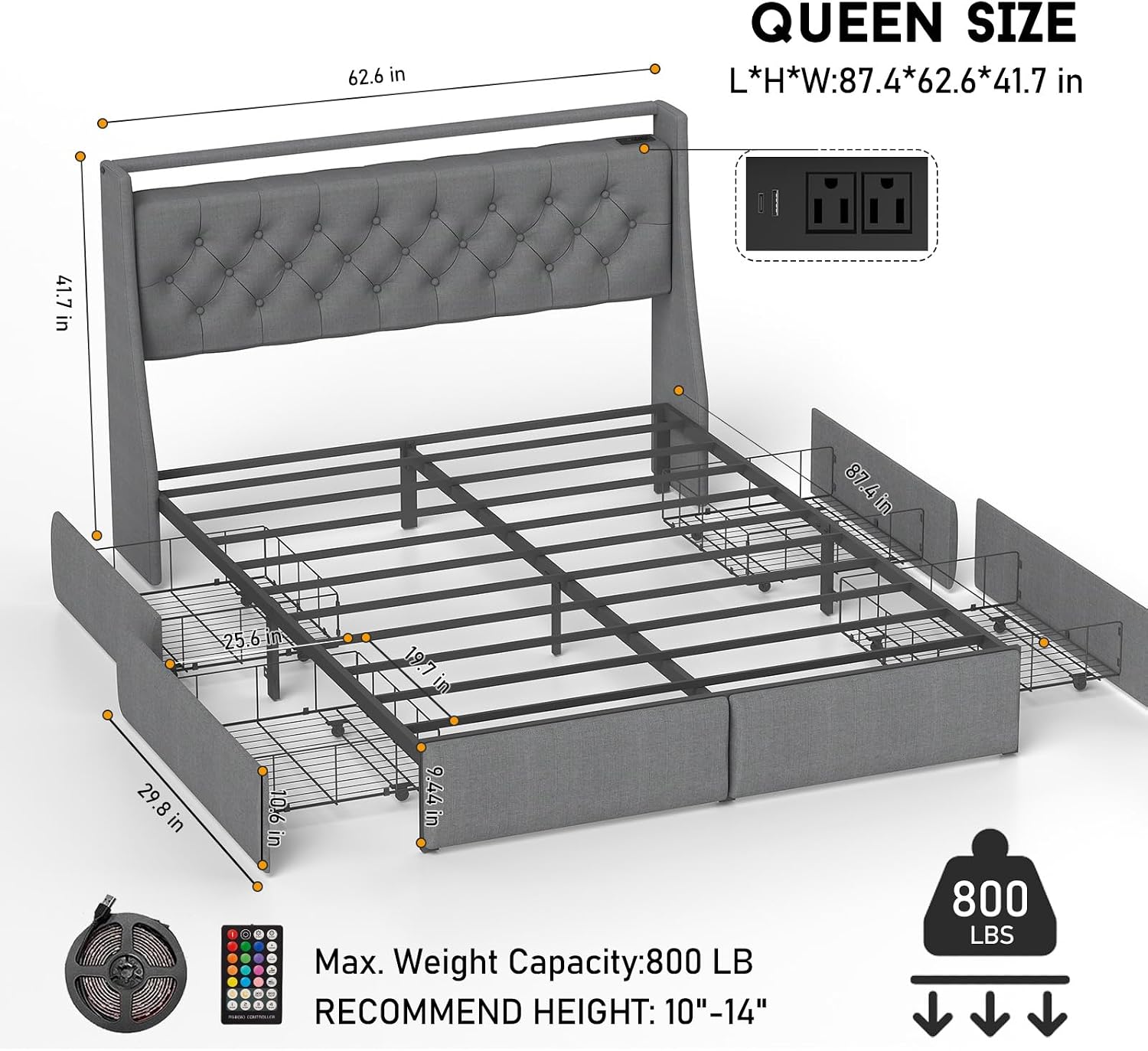 Queen Bed Frame with 4 Stoarge Drawers and LED Lights, Upholstered Platform Queen Size Bed Frame with Charging Station, Steel Slats Support, No Box Spring Needed, Noise-Free, Easy Assembly, Gray