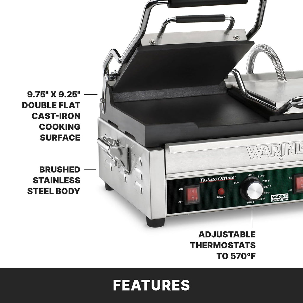Waring Commercial Panini Press, Double Flat Cast Iron Plates, 17' x 9.25' Cooking Surface, 570°F Adjustable Thermostat, for Sandwiches up to 3' Thick, Professional Kitchen Grill, 240V, WFG300