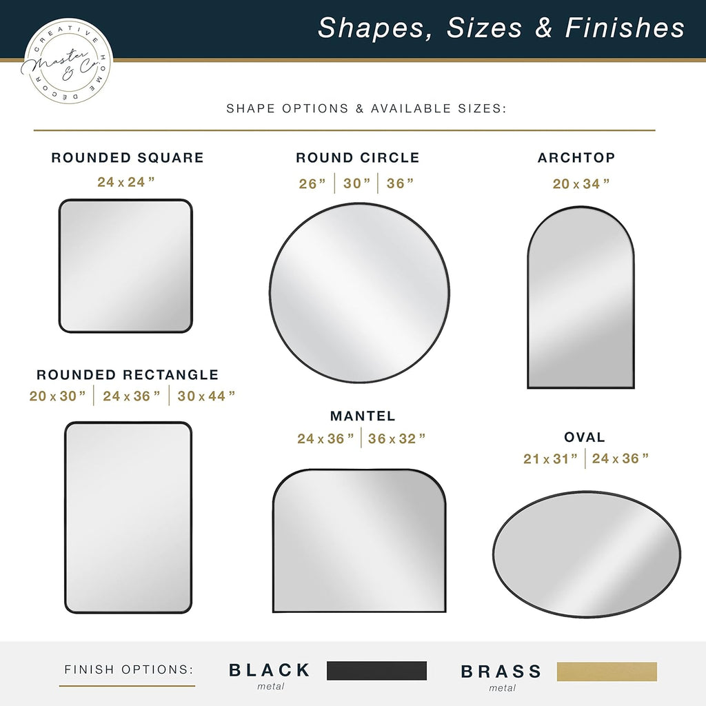 MCS Master & Co. Modern Metal Large Wall Mirror, Minimalist Home Decor Mantle Arch Mirror for Living Room, Bedroom, or Bathroom, 24 by 36 Inch, Brass