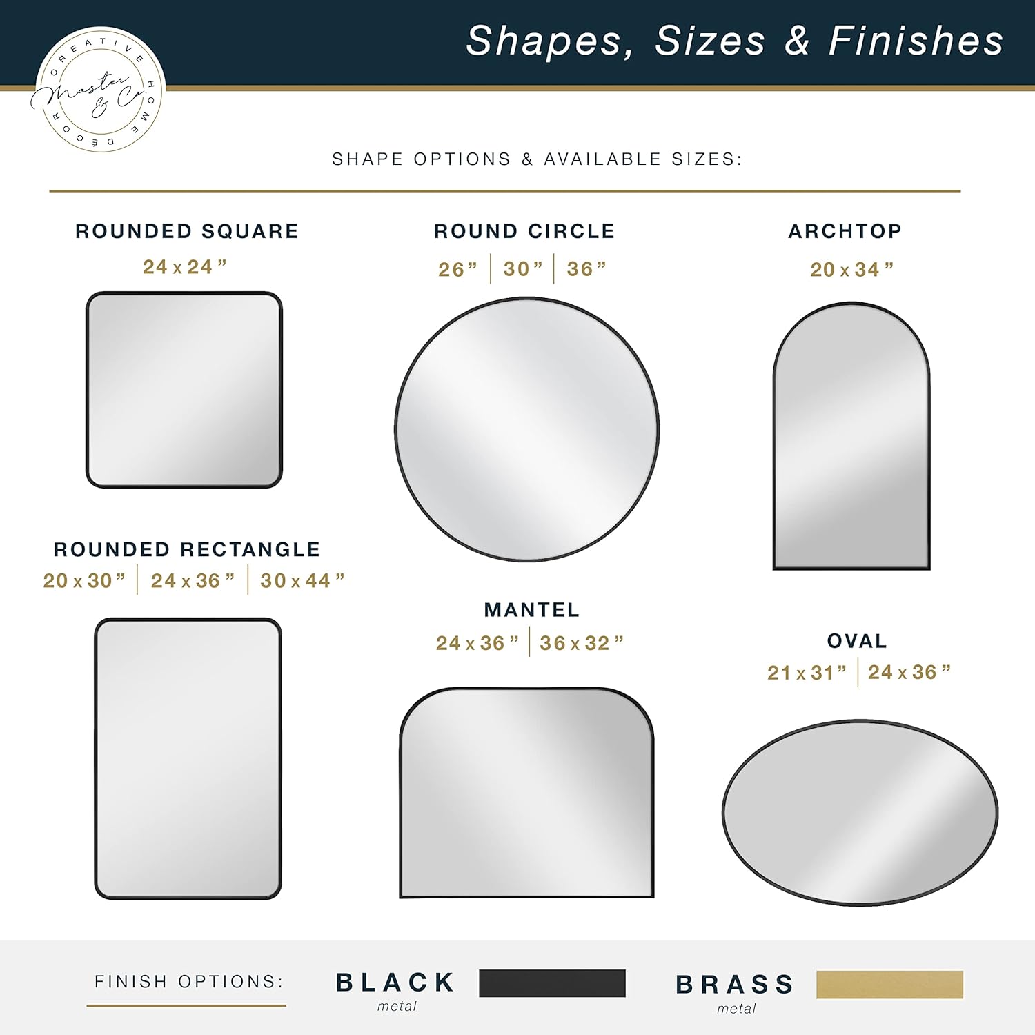 MCS Master & Co. Modern Metal Large Wall Mirror, Minimalist Home Decor Mantle Arch Mirror for Living Room, Bedroom, or Bathroom, 24 by 36 Inch, Brass