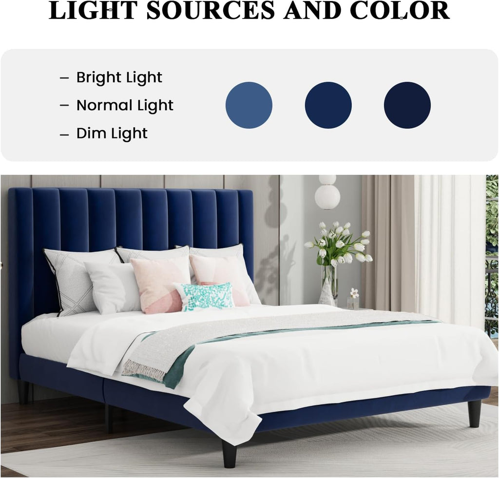 SHA CERLIN Queen Bed Frame/Velvet Upholstered Platform Bed Frame with Headboard/Strong Wood Slats Support/Mattress Foundation/No Box Spring Needed - Dark Blue