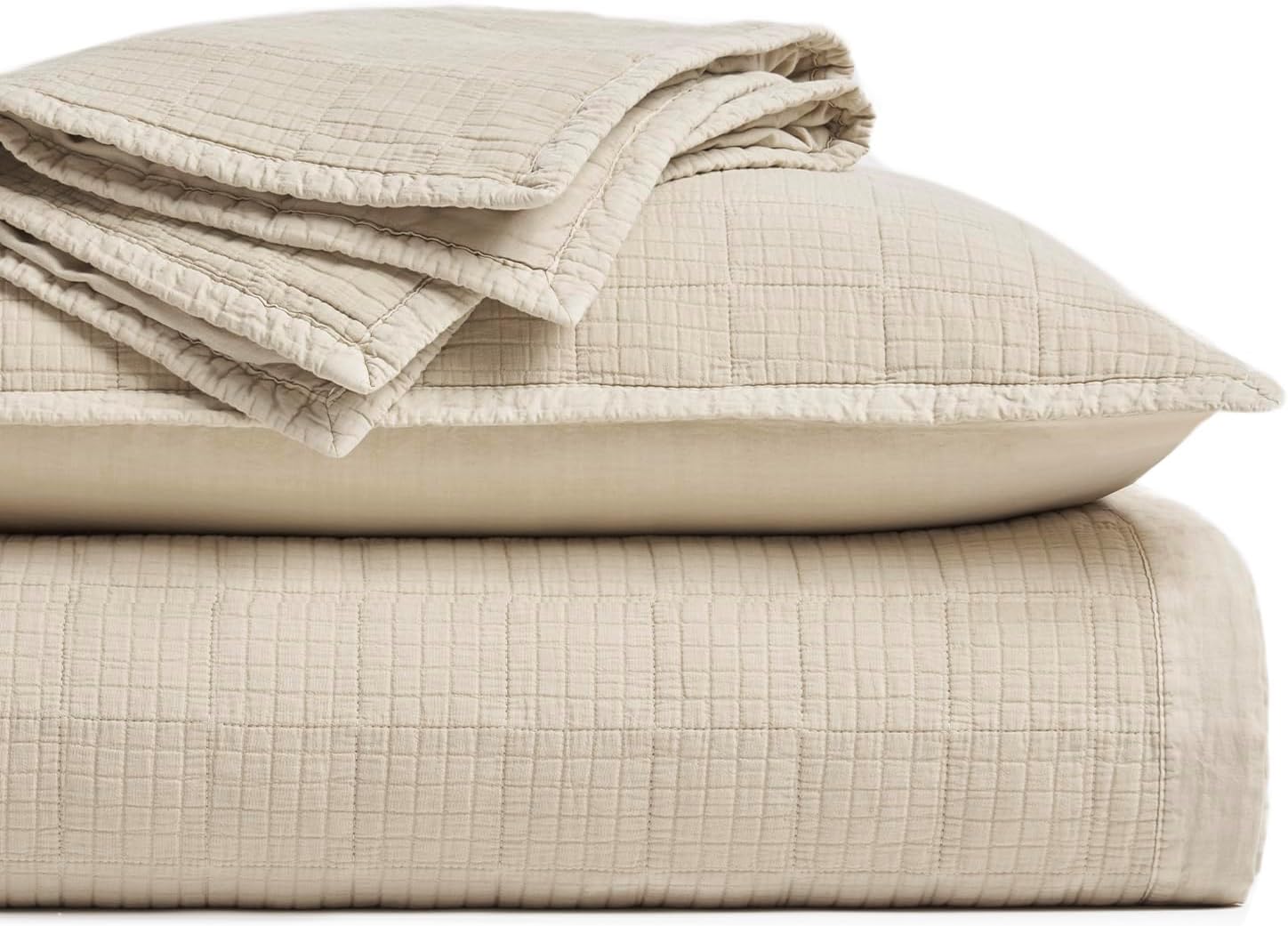 EVERGRACEHOME Stonewashed Cotton Quilt Set King Size, Ultra Soft Oversized Bedspread Coverlet Set, Lightweight Crinkle Box Stitch Bedding Sets for All Season, with 2 Shams, Flax Beige