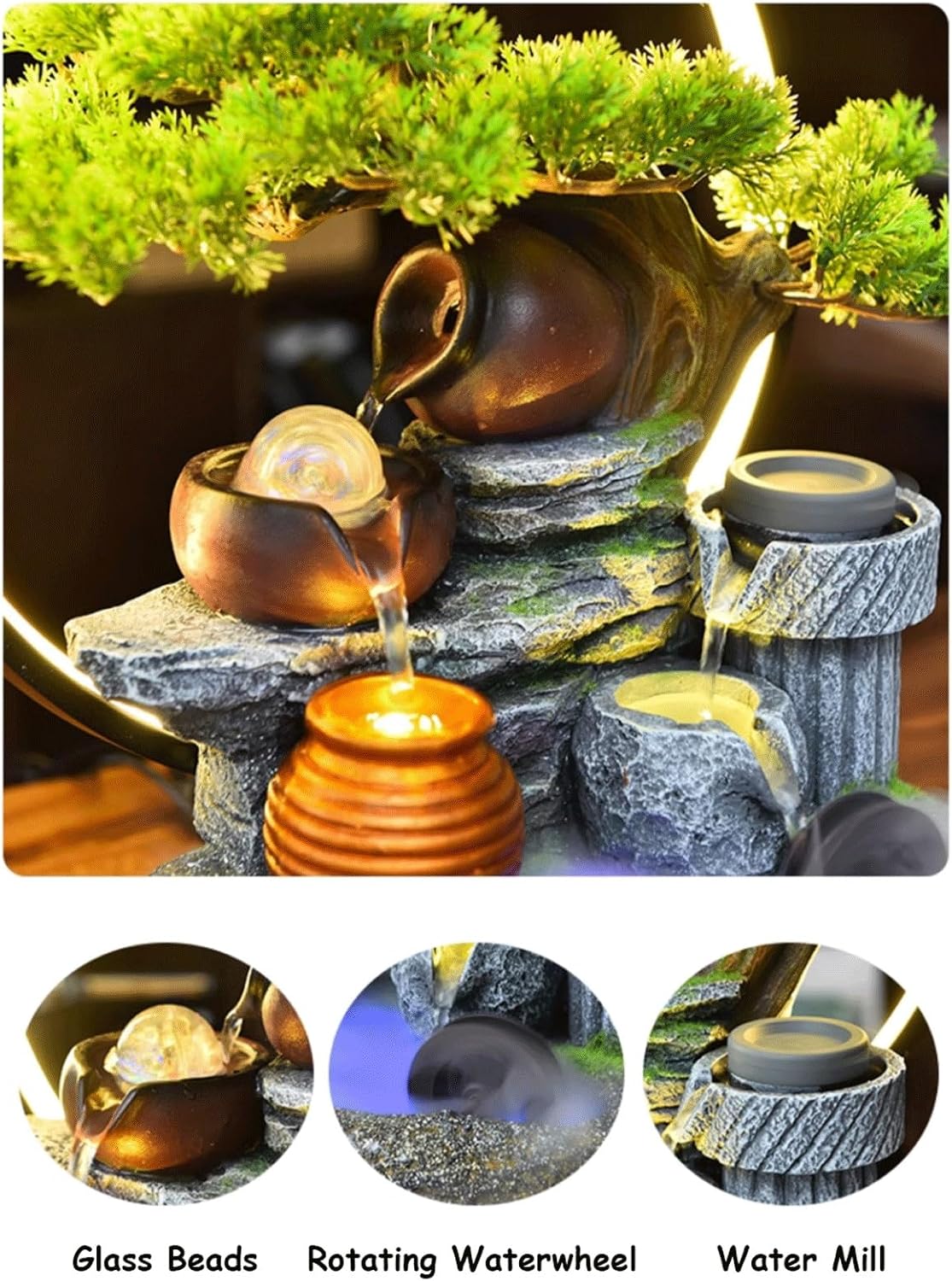 Rockery Stream Tabletop Fountain Desktop Waterfall Feature with Artificial Tree & Glass Bead Indoor Water Fountain for Home