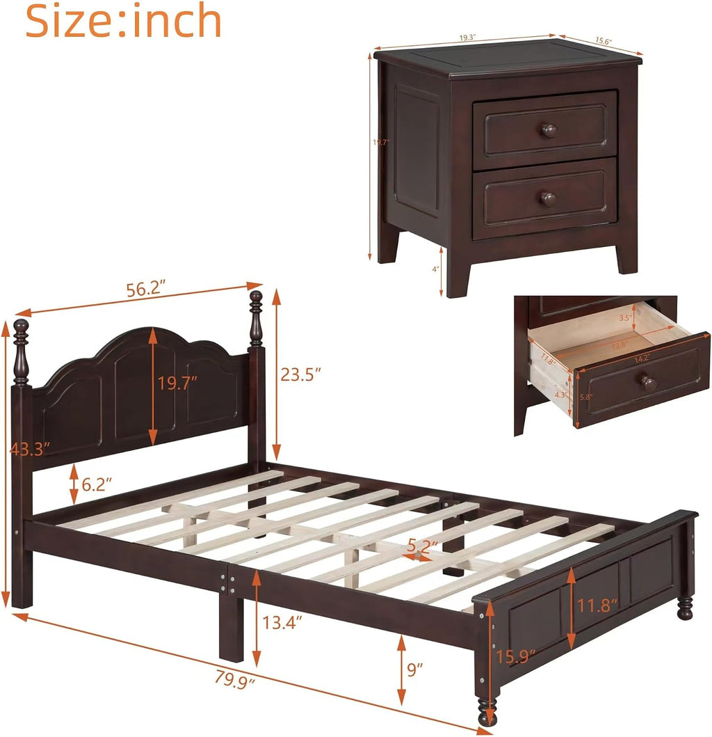 VilroCaz Retro Design 3-Pieces Bedroom Sets, Full Size Wood Platform Bed and 2 Nightstands with 2 Drawers and Sturdy Slats Support for Adults Bedroom