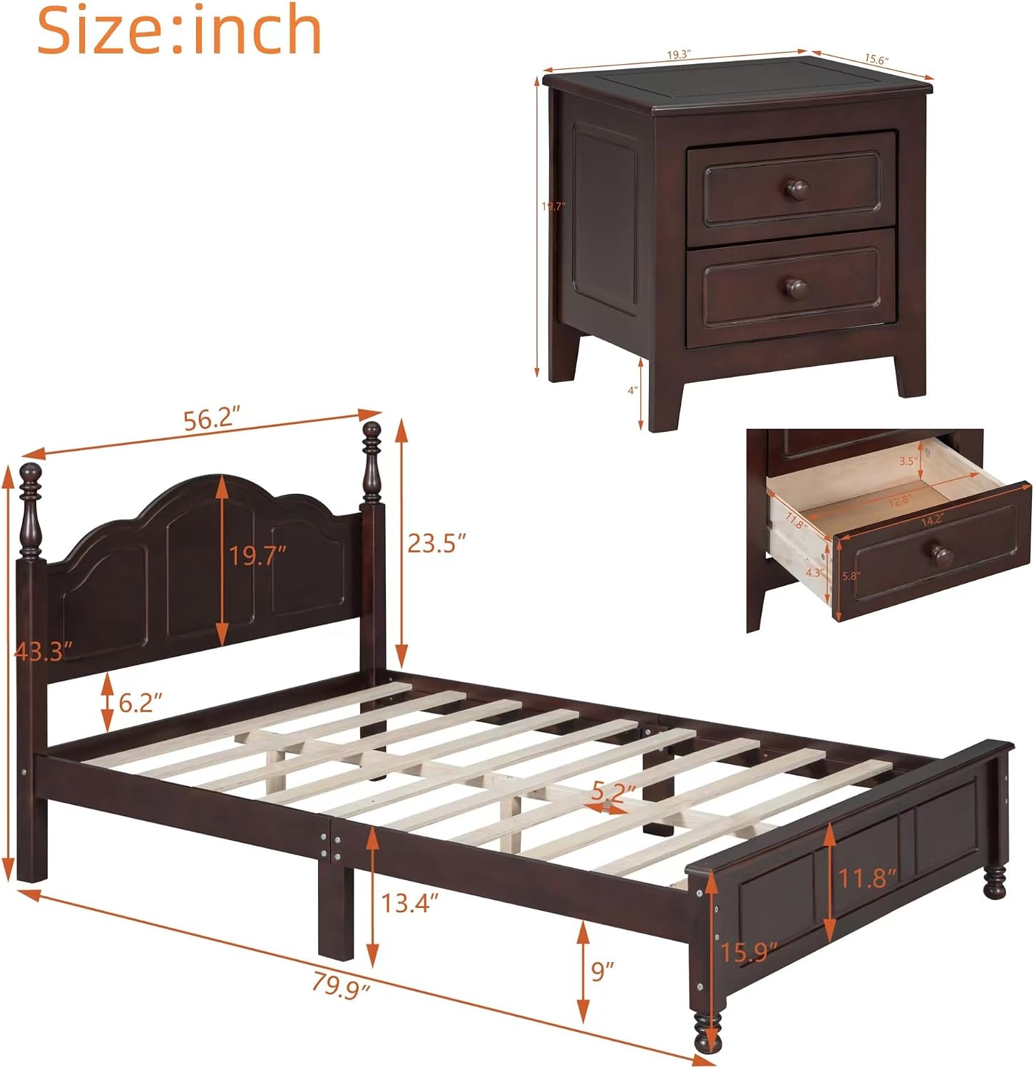 VilroCaz Retro Design 3-Pieces Bedroom Sets, Full Size Wood Platform Bed and 2 Nightstands with 2 Drawers and Sturdy Slats Support for Adults Bedroom