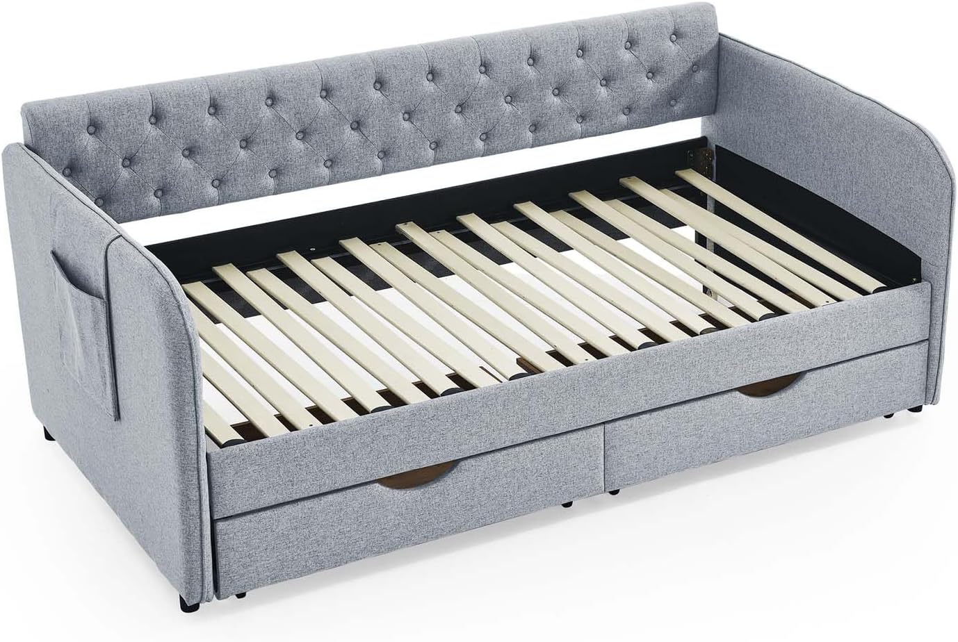 Antetek 80.5' Daybed with Drawer, Modern Button Tufted Linen Day Bed with Trundle Bed Twin to King, Upholstered Daybed Frame w/Storage Pocket for Bedroom, Living Room, No Box Spring Needed, Grey
