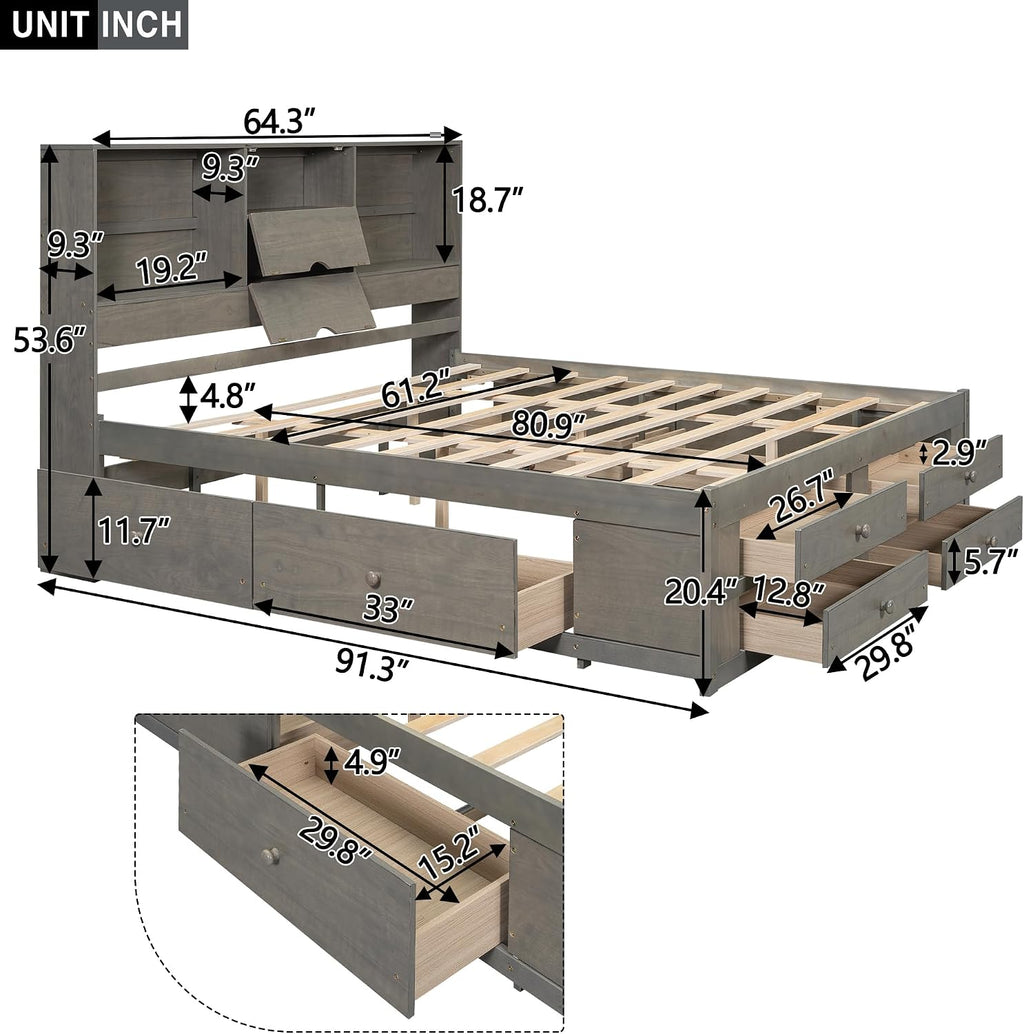 VilroCaz Wood Queen Size Platform Bed with Storage Headboard, Modern Platform Bed Captain's Bed Frame with 8 Drawers, Sturdy Slats Support, Maximize Space