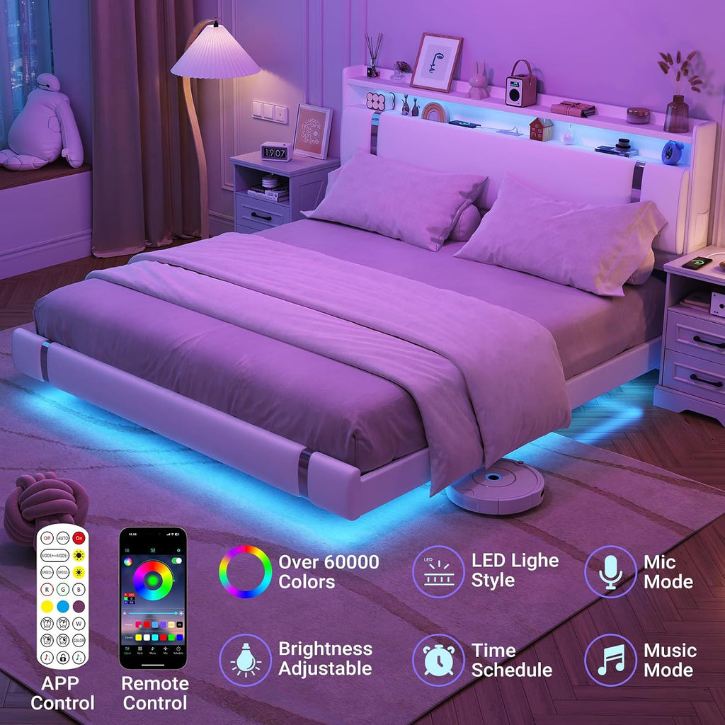 Floating Bed Frame with Storage Headboard, Modern White King Size Bed Frame with LED Light and Charging Station, Upholstered Platform Bed Frame, No Box Spring Needed, Metal Frame Noise-Free