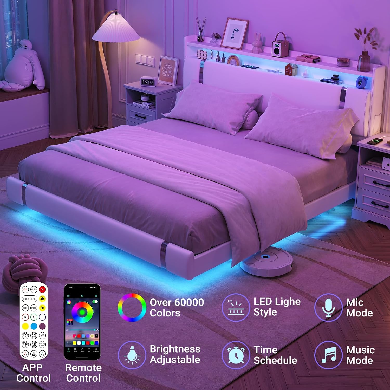Floating Bed Frame with Storage Headboard, Modern White King Size Bed Frame with LED Light and Charging Station, Upholstered Platform Bed Frame, No Box Spring Needed, Metal Frame Noise-Free