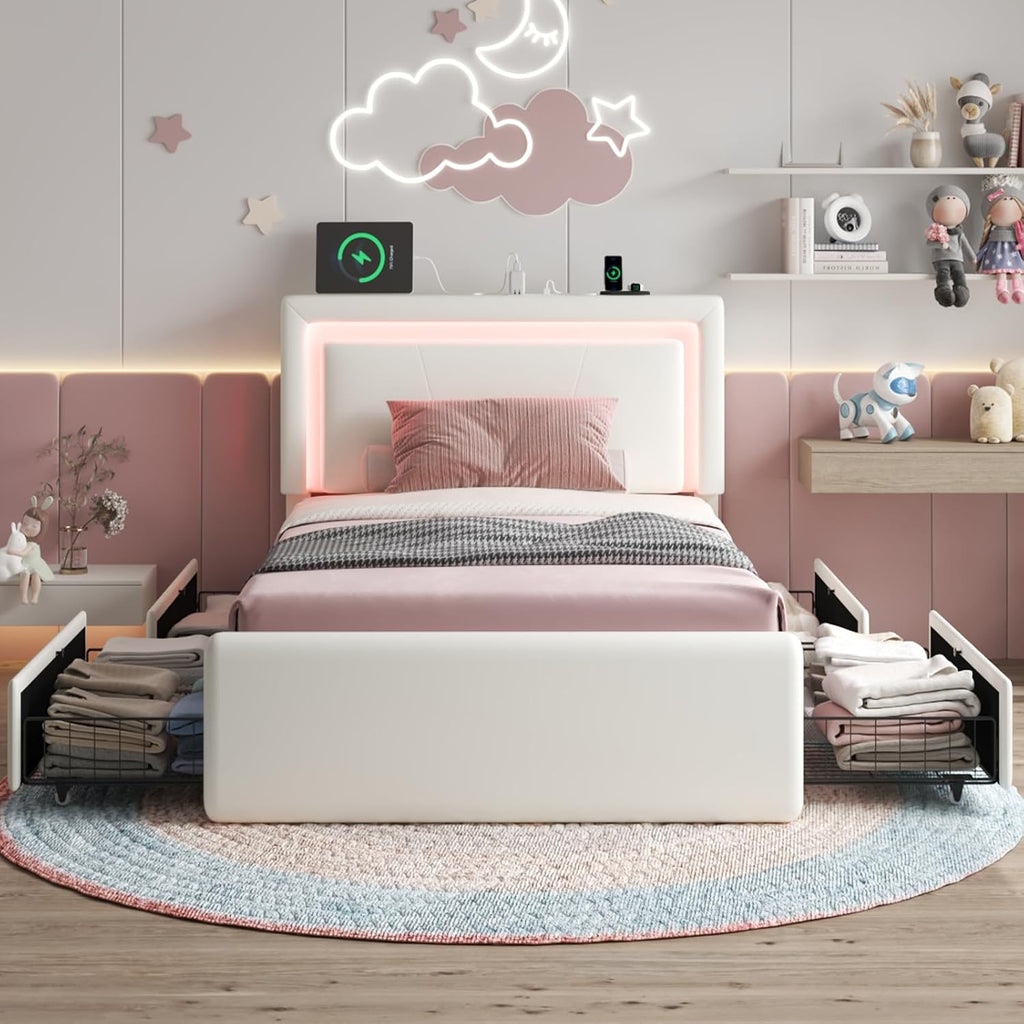 LoVinson Twin Size Bed Frame with 4 Storage Drawers, Charging Station and LED Light, Adjustable Upholstered Headboard, Noise-Free, No Box Spring Needed, Easy Assembly, White