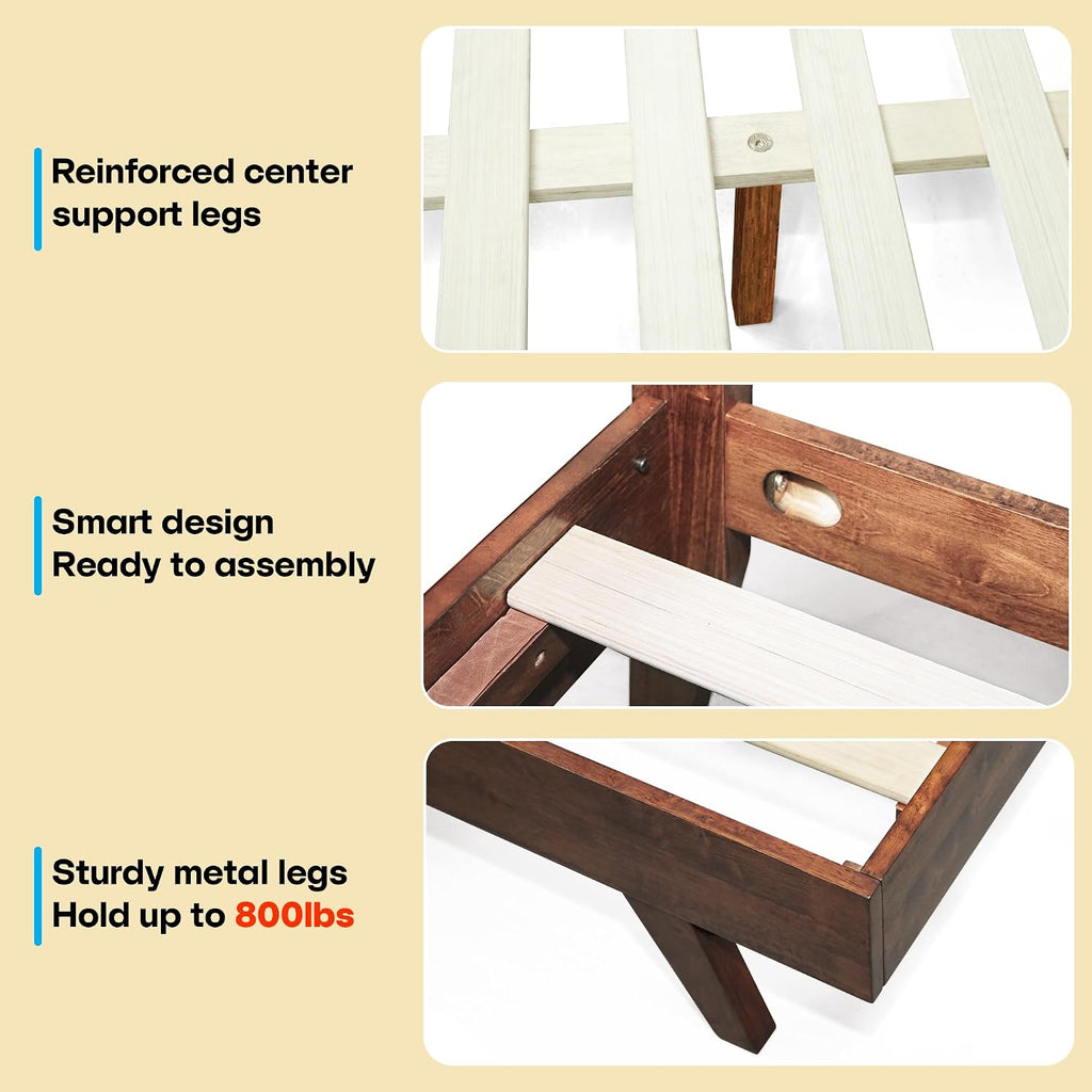 Acacia Harmony Queen Platform Bed Frame – Solid Rubber Wood, Walnut Finish, Mid-Century Style, Unique Wood Grain Pattern, 800lbs Capacity, No Box Spring Required, Easy Setup
