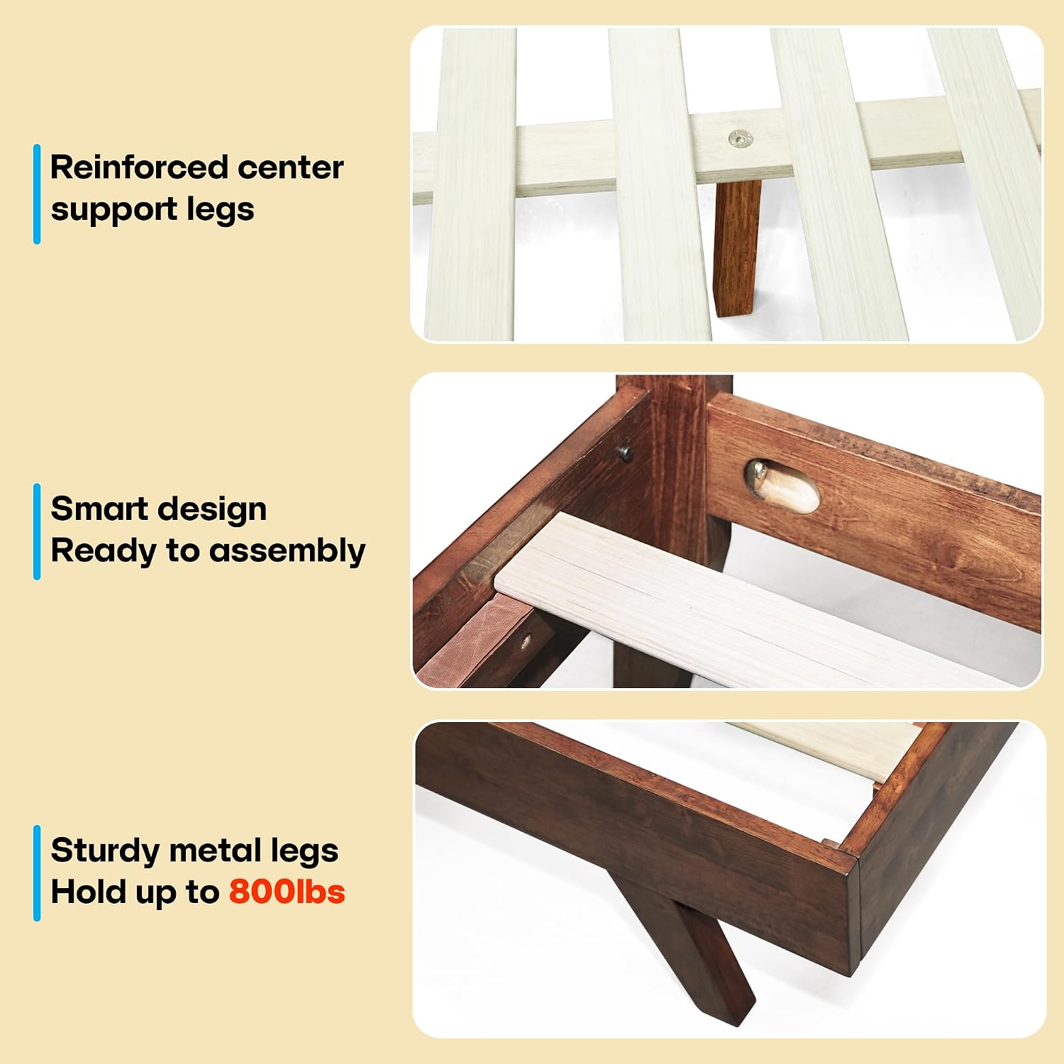 Acacia Harmony Queen Platform Bed Frame – Solid Rubber Wood, Walnut Finish, Mid-Century Style, Unique Wood Grain Pattern, 800lbs Capacity, No Box Spring Required, Easy Setup