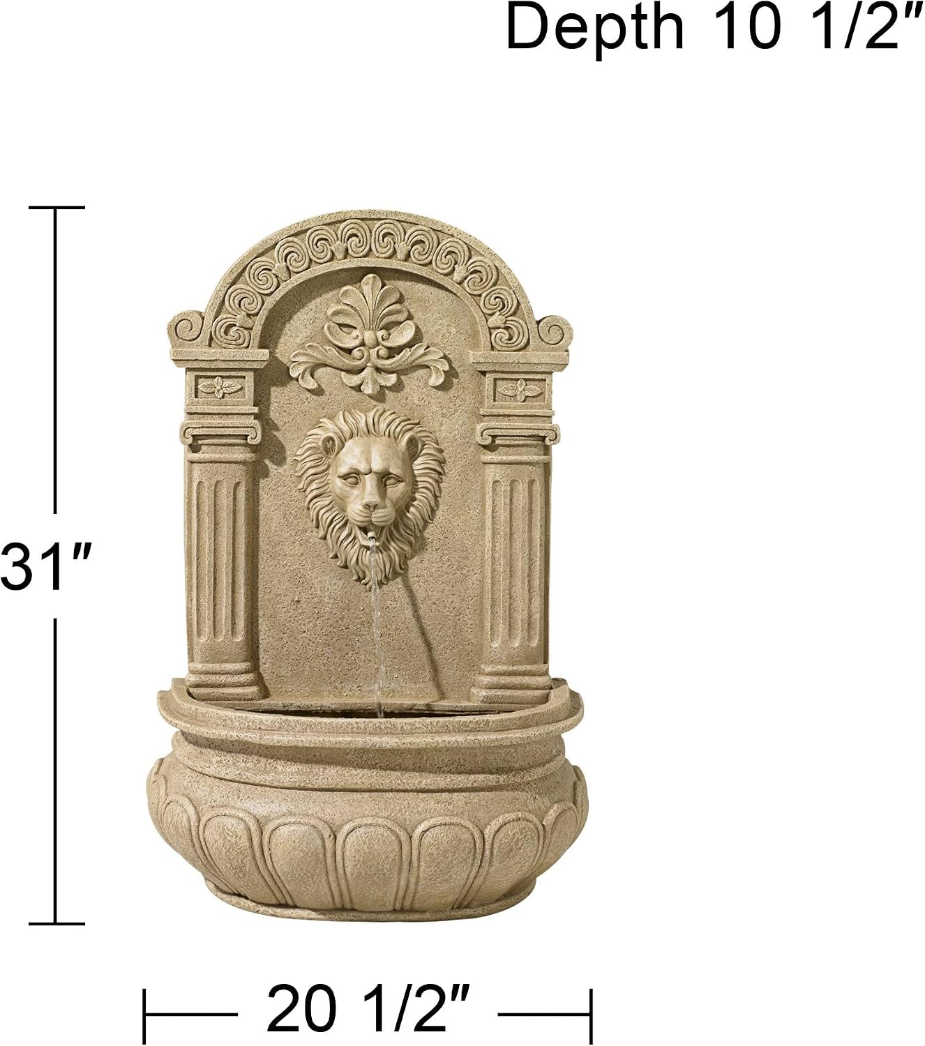 Royal Lion Face 31' High Large Italian Indoor Outdoor Decor Sand Stone Wall Fountain Basin Statue Water Feature for Outside Garden Patio Yard Backyard Porch Deck Relaxation - John Timberland