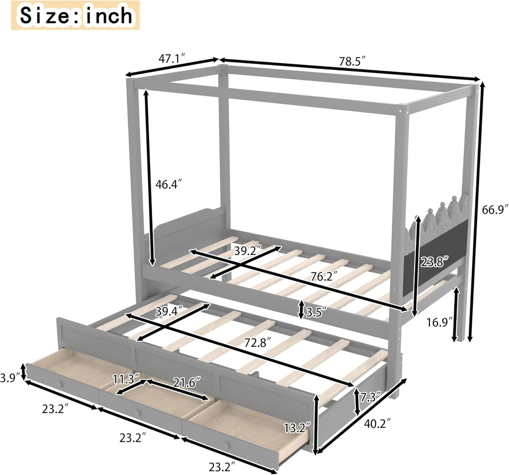 Twin Size Wood Canopy Bed with Upholstered Headboard, Twin Size Trundle and 3 Drawers, No Box Spring Needed (Gray, Twin)