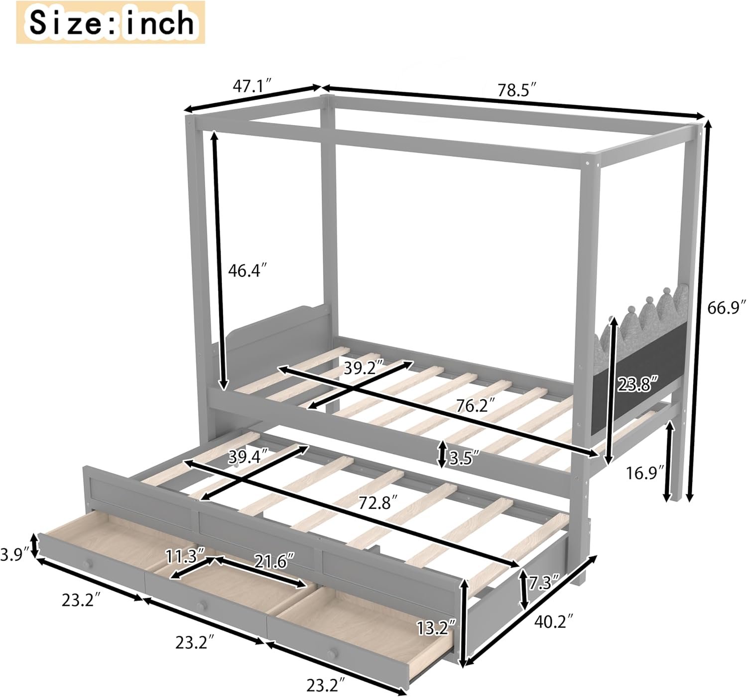 Twin Size Wood Canopy Bed with Upholstered Headboard, Twin Size Trundle and 3 Drawers, No Box Spring Needed (Gray, Twin)