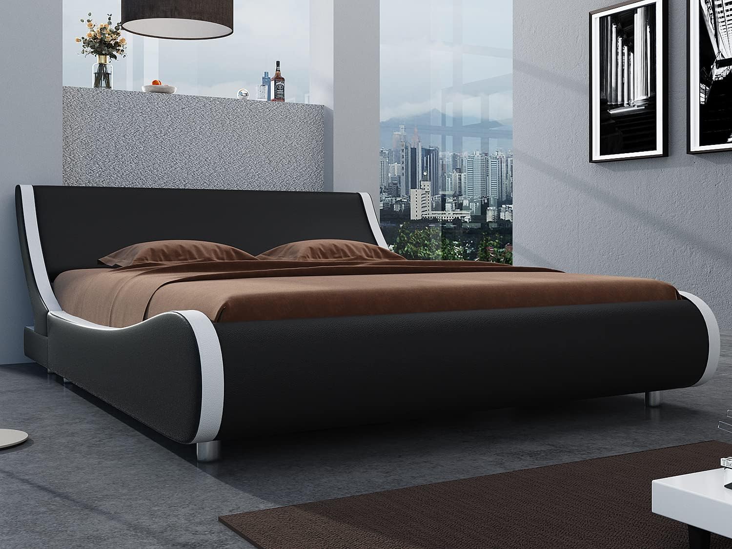 SHA CERLIN Modern Low Profile Platform Bed Frame Full Size, Stylish Faux Leather Upholstered Sleigh Bed with Adjustable Headboard, No Box Spring Needed, Black & White