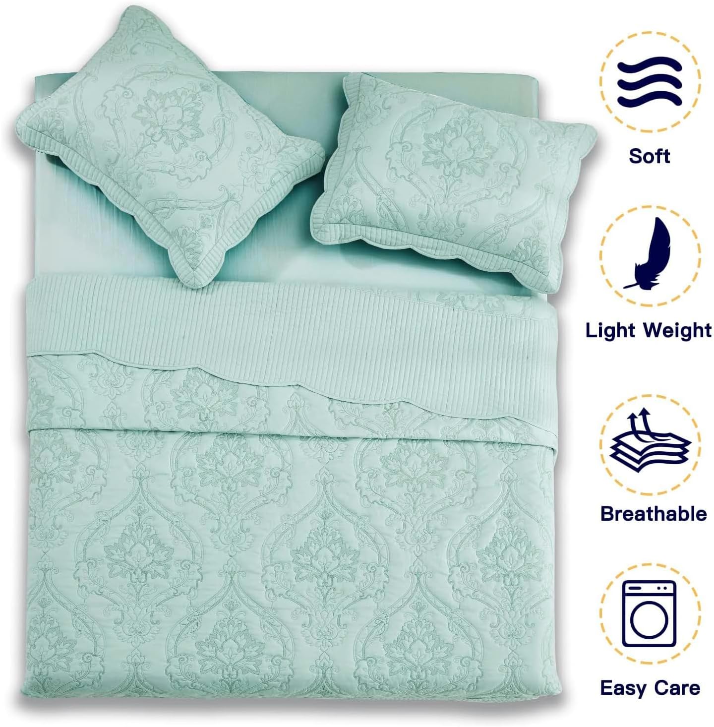 CHIXIN Oversized King Bedspread 128x120 Extra Wide - Lightweight Bedding Cover - Beautiful Stitching - 5 Piece Reversible Bedspread - Gorgeous Damask Paisley Pattern (King/Cal King, Seaglass)
