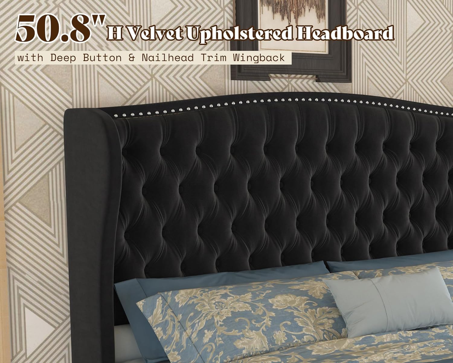 AMERLIFE 51' H Queen Size Adjustable Bed Frame with Velvet Upholstered and Deep Button Tufted Headboard, Electric Bed with Dual Motor/Nailhead Trim Wingback, No Box Spring Needed, Black